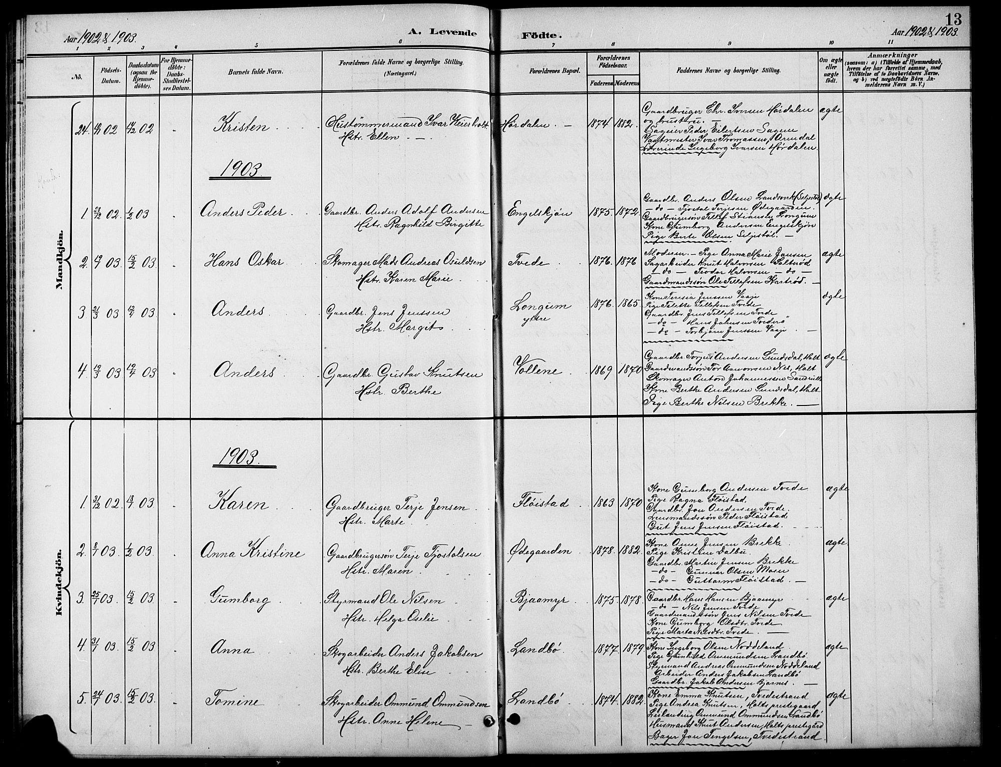 Austre Moland sokneprestkontor, SAK/1111-0001/F/Fb/Fba/L0004: Parish register (copy) no. B 4a, 1897-1913, p. 13