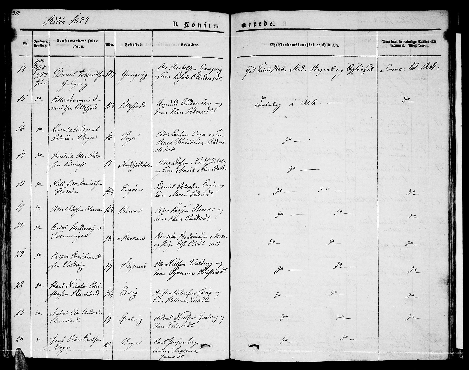 Ministerialprotokoller, klokkerbøker og fødselsregistre - Nordland, AV/SAT-A-1459/841/L0598: Parish register (official) no. 841A06 /1, 1825-1844, p. 314