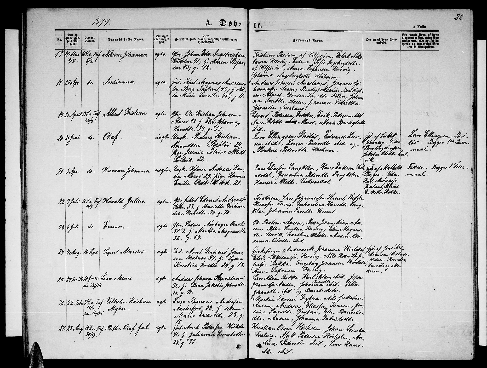 Ministerialprotokoller, klokkerbøker og fødselsregistre - Nordland, SAT/A-1459/819/L0276: Parish register (copy) no. 819C02, 1869-1887, p. 22
