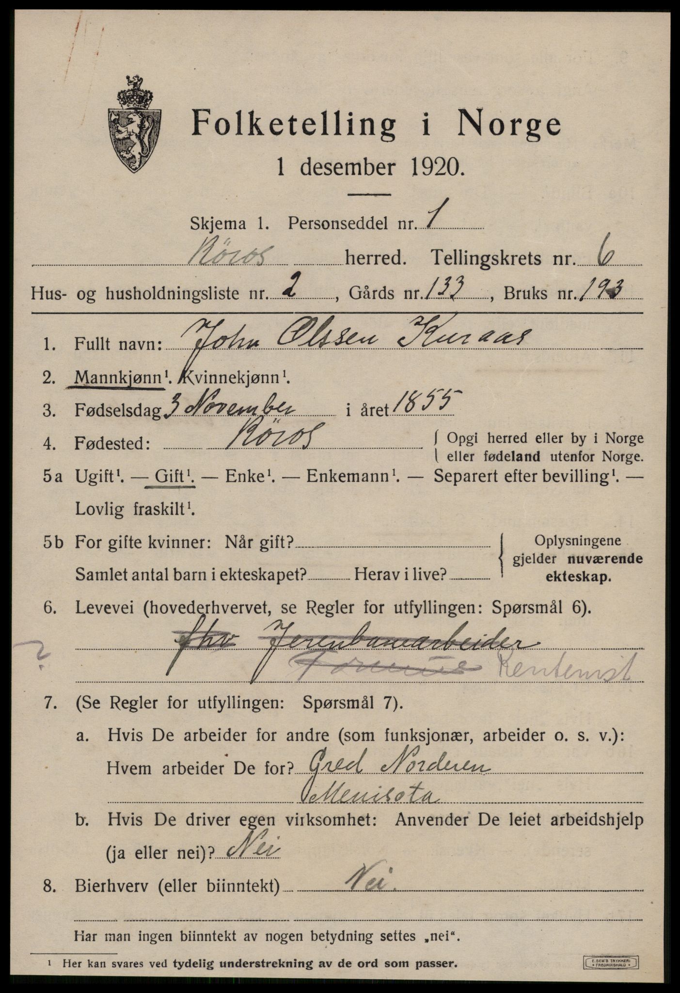 SAT, 1920 census for Røros, 1920, p. 6208