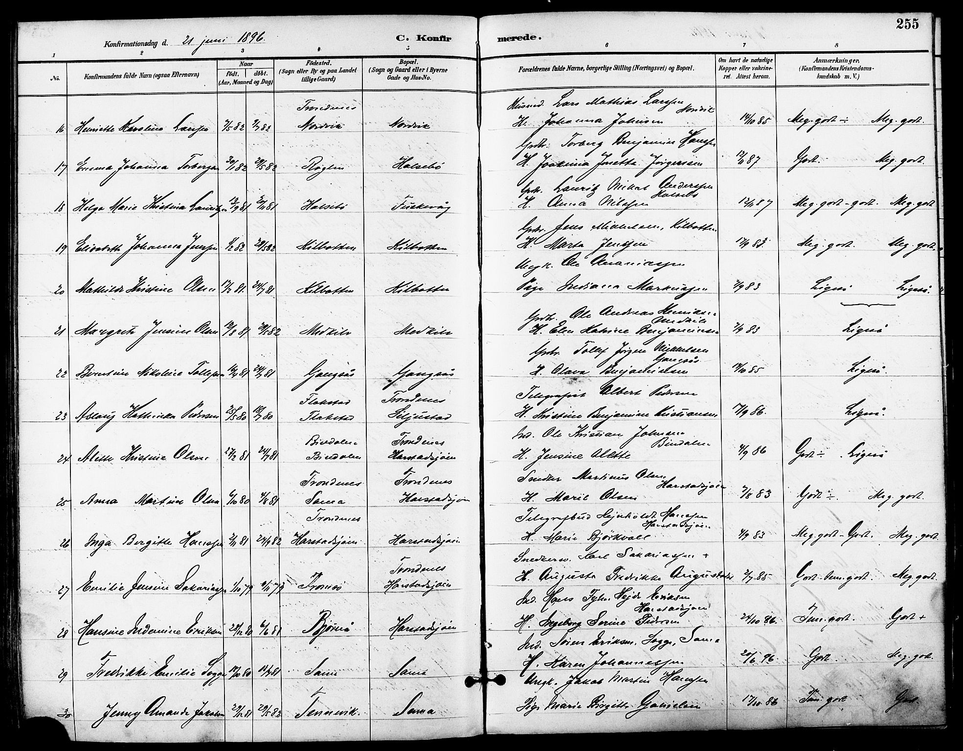 Trondenes sokneprestkontor, SATØ/S-1319/H/Ha/L0016kirke: Parish register (official) no. 16, 1890-1898, p. 255