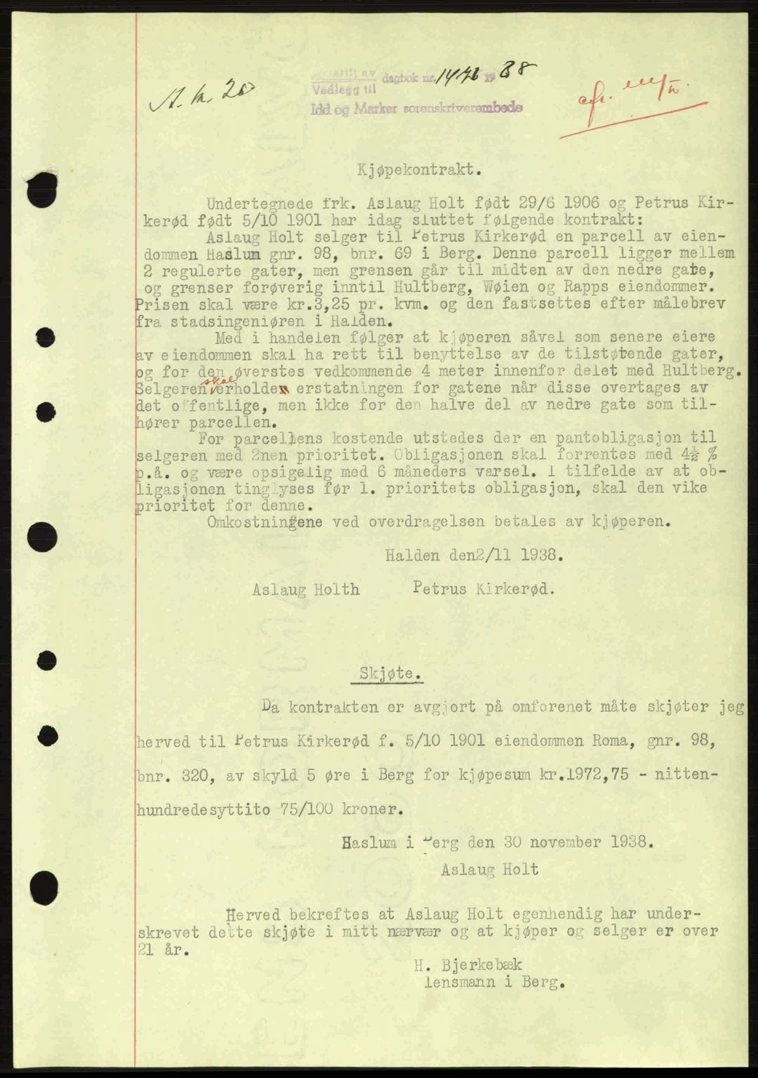 Idd og Marker sorenskriveri, AV/SAO-A-10283/G/Gb/Gbb/L0003: Mortgage book no. A3, 1938-1939, Diary no: : 1476/1938