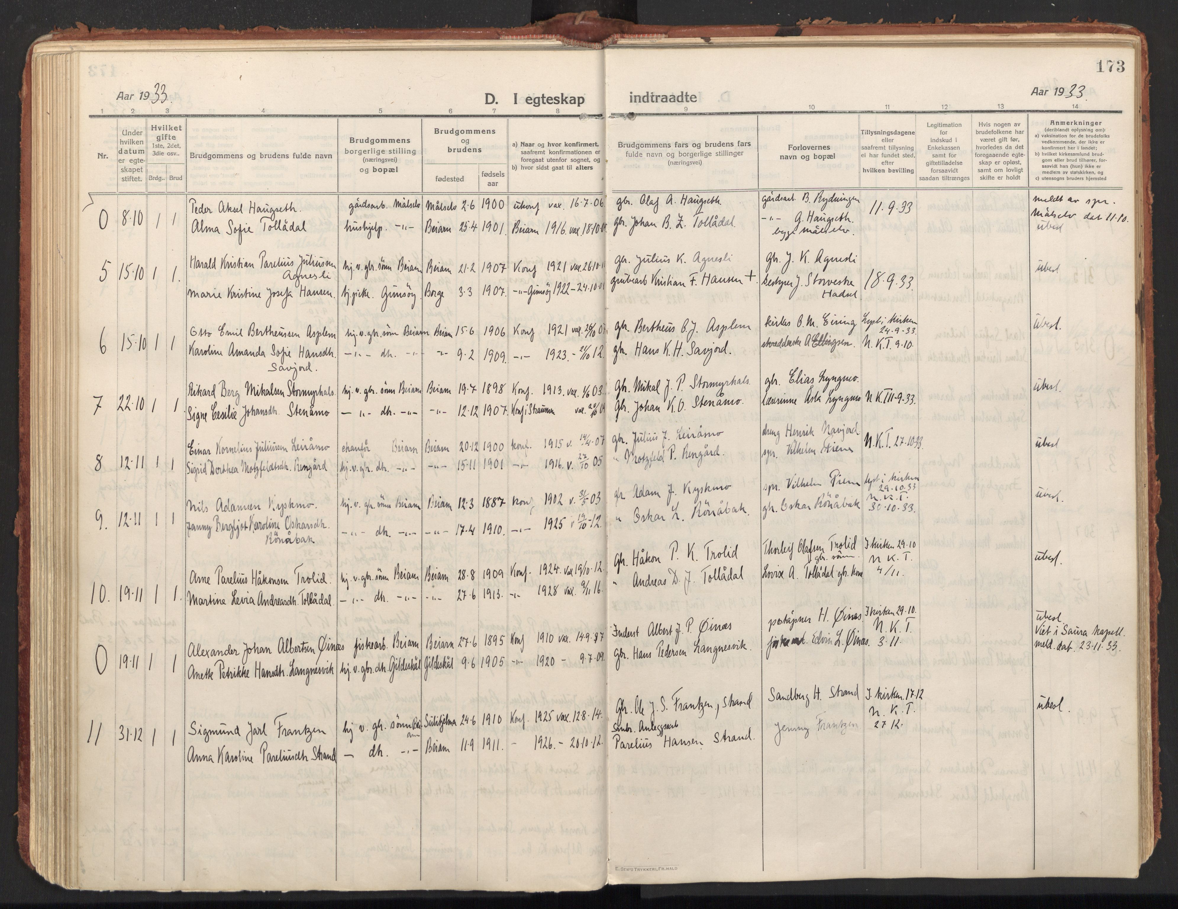 Ministerialprotokoller, klokkerbøker og fødselsregistre - Nordland, AV/SAT-A-1459/846/L0650: Parish register (official) no. 846A08, 1916-1935, p. 173