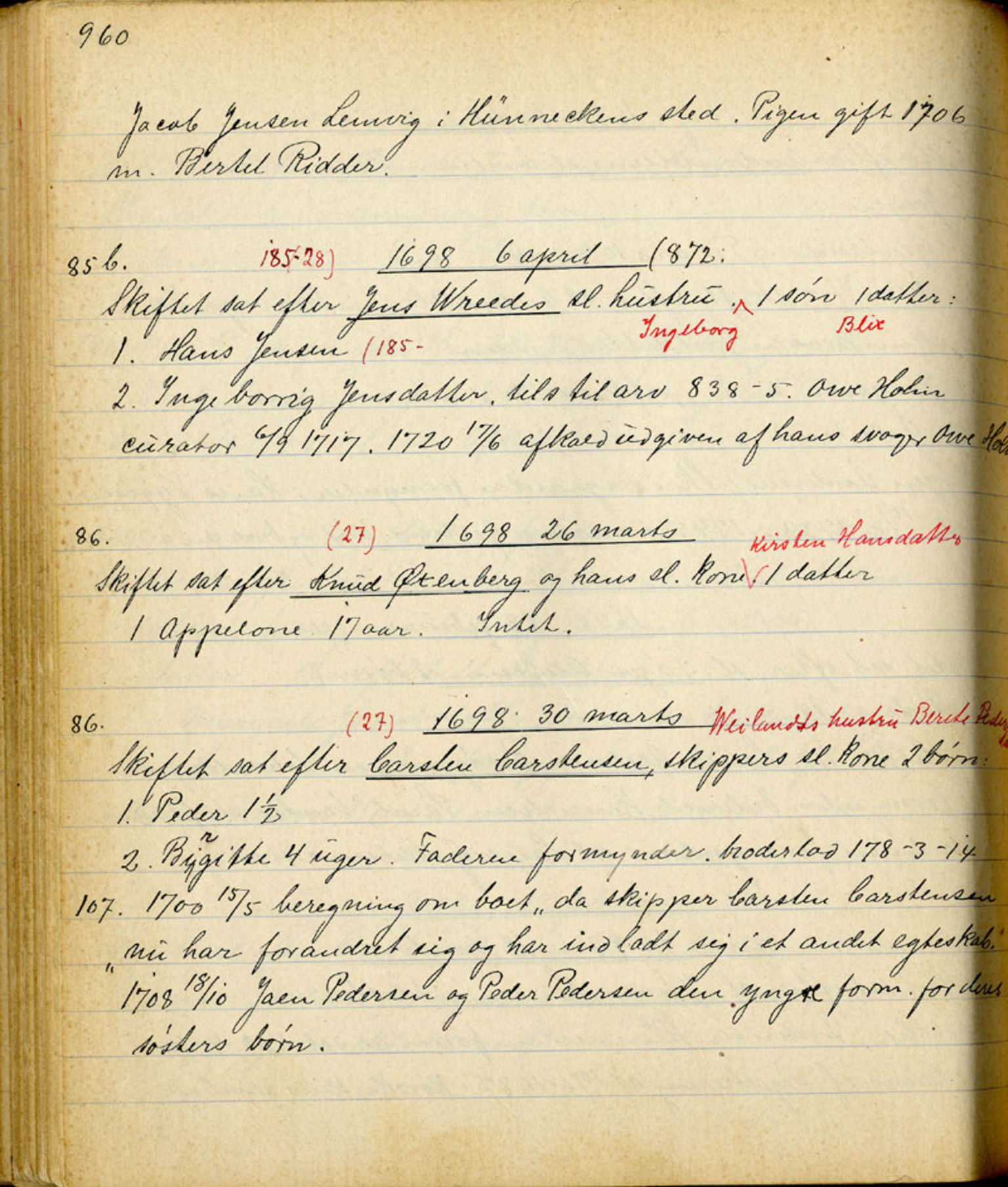 Sollied, Olaf og Thora - samlinger, AV/SAB-SAB/DA-0401/01/L0010/0003: Skifte: Utdrag av skifteprotokoller / 94 Skifteprotokoller: utdrag, 1675-1785, p. 960