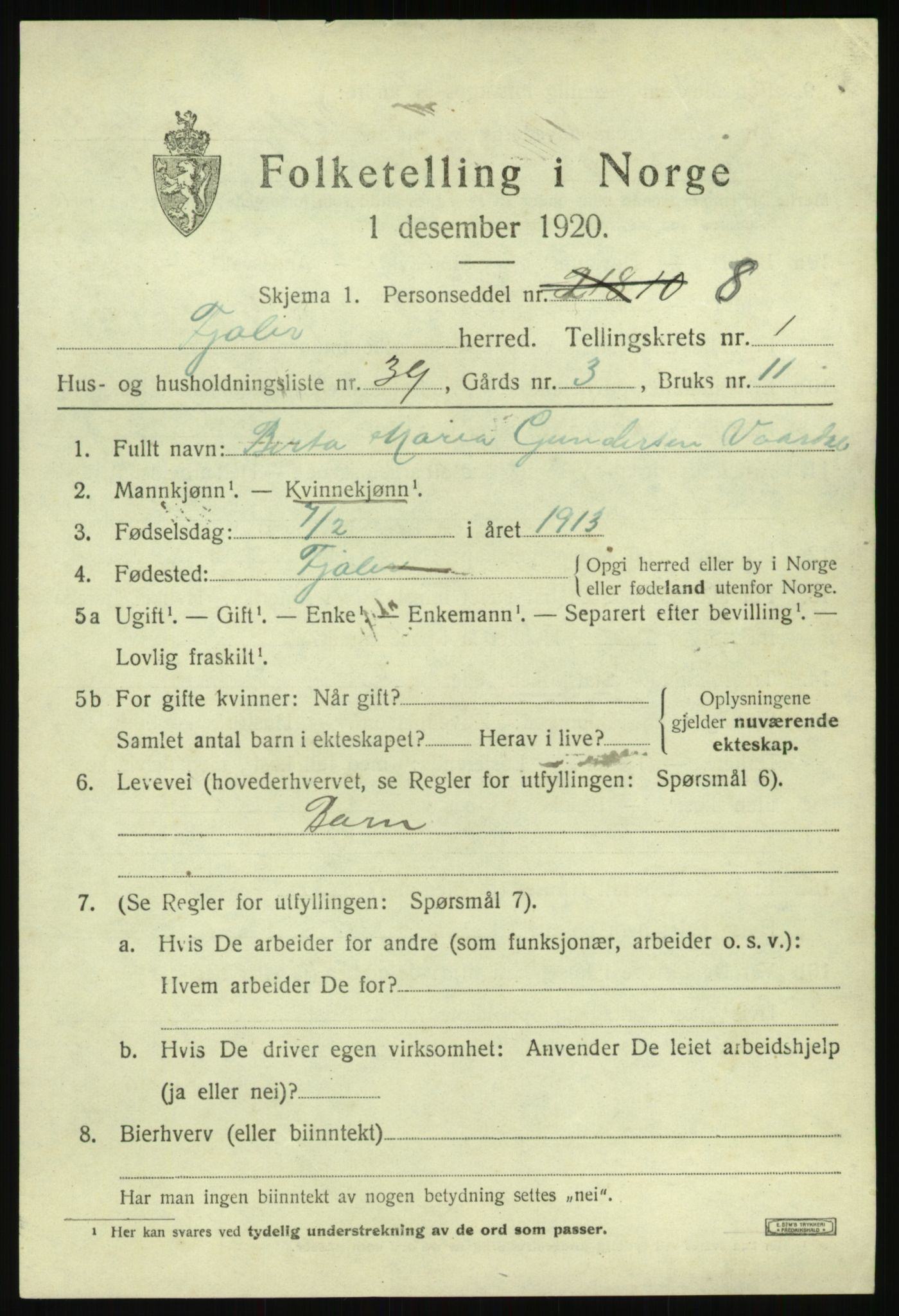 SAB, 1920 census for Fjaler, 1920, p. 1807