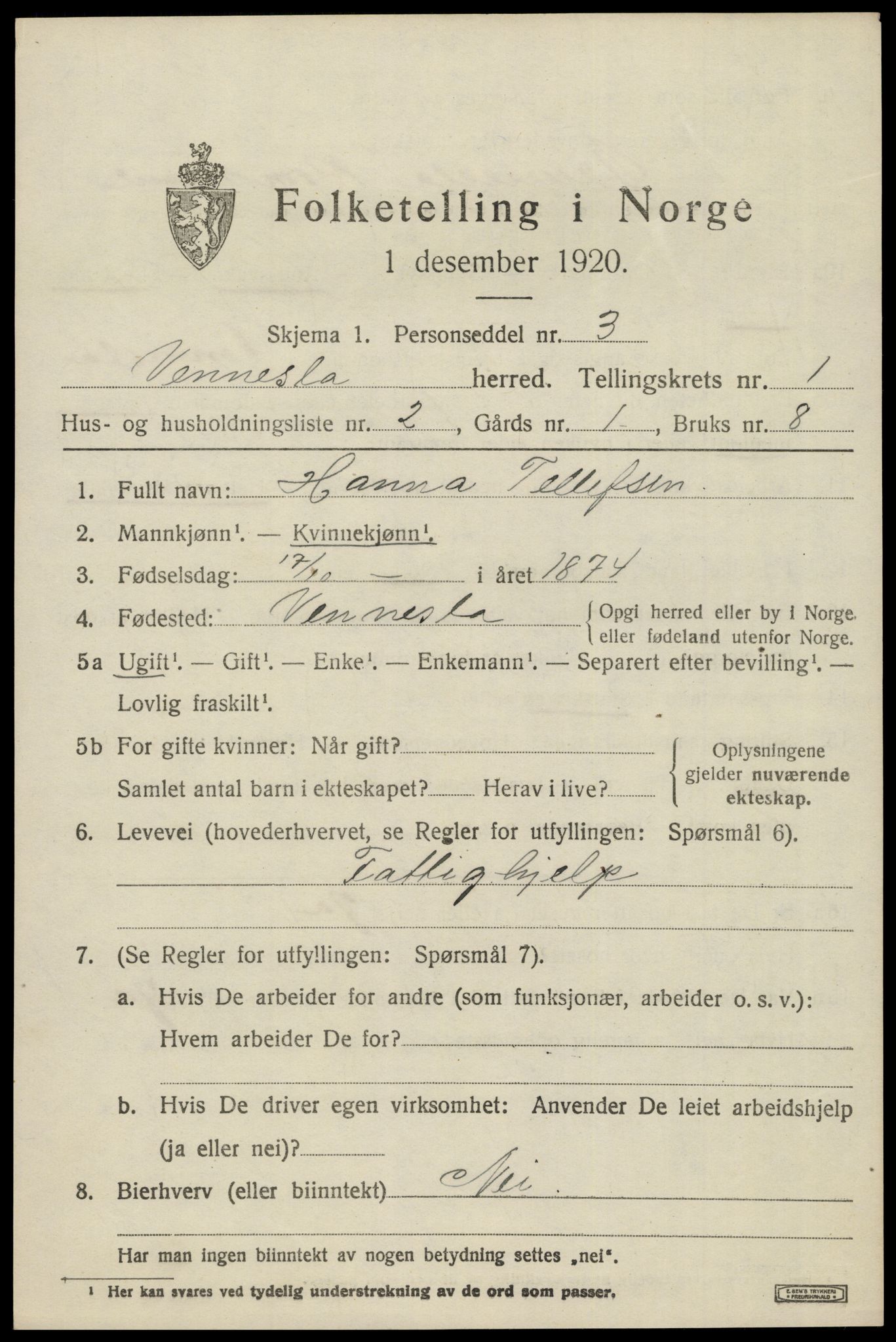 SAK, 1920 census for Vennesla, 1920, p. 948