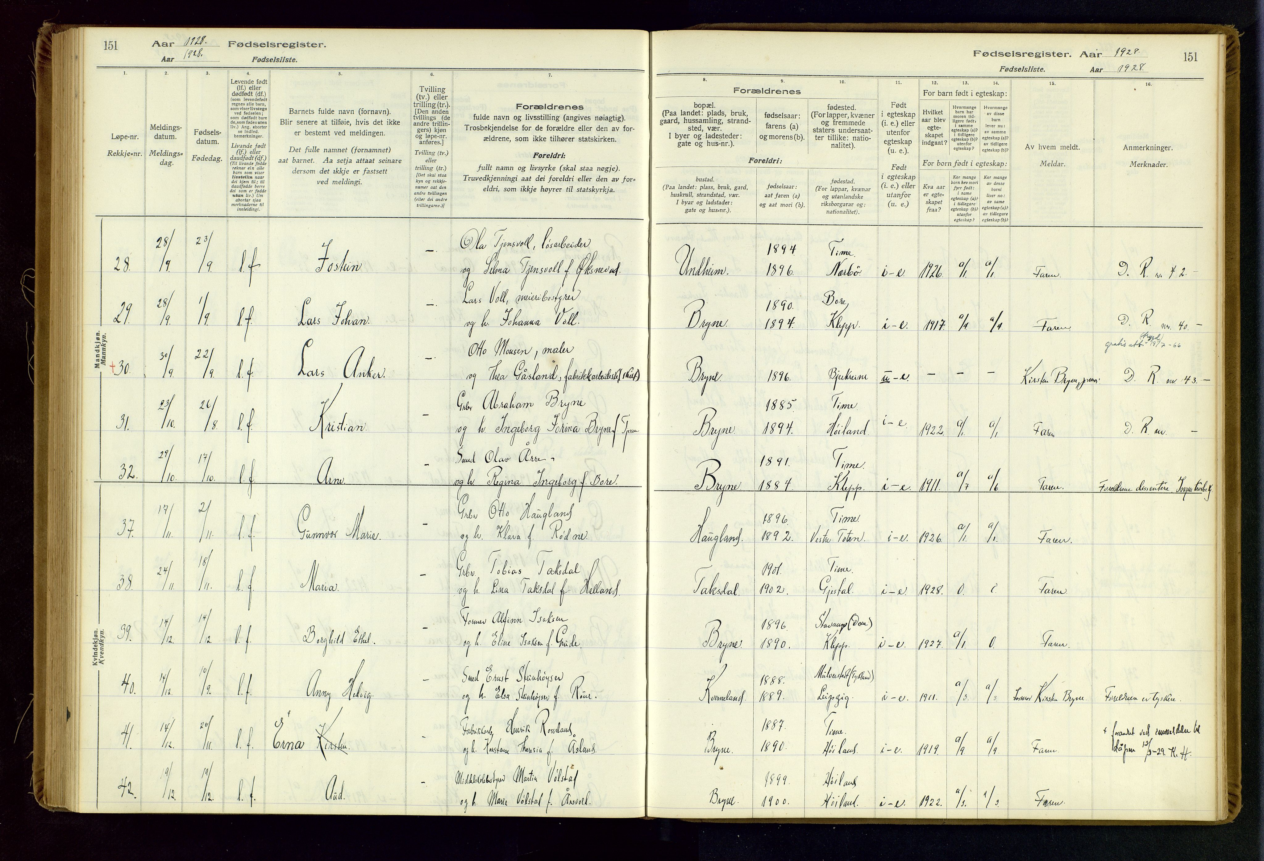 Time sokneprestkontor, AV/SAST-A-101795/001/704BA/L0001: Birth register no. 1, 1916-1934, p. 151