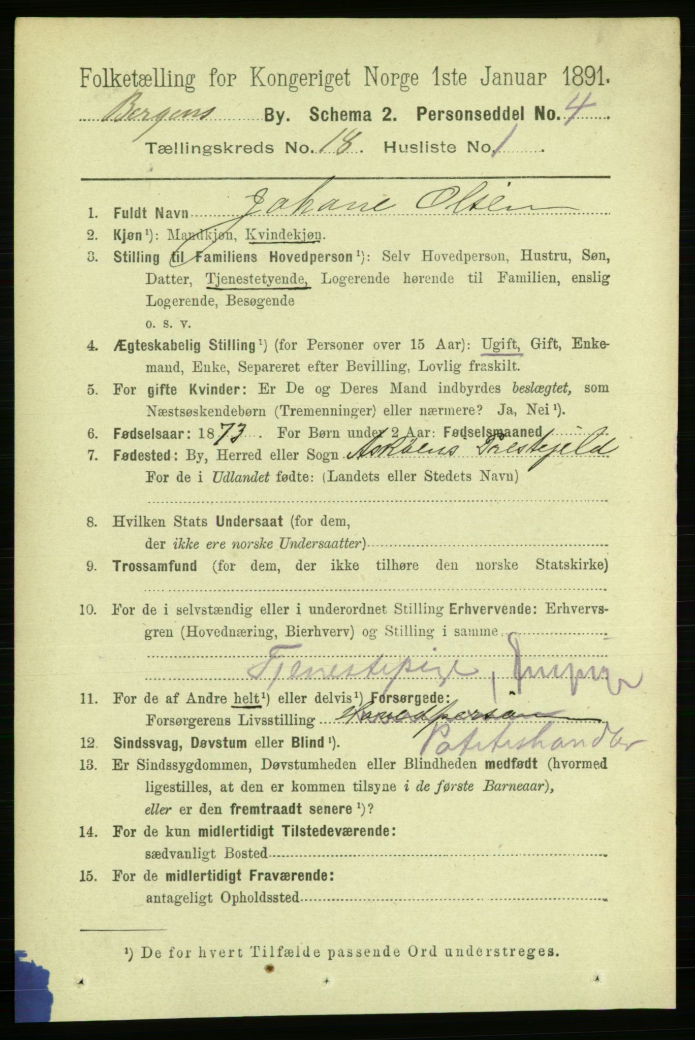 RA, 1891 Census for 1301 Bergen, 1891, p. 26057