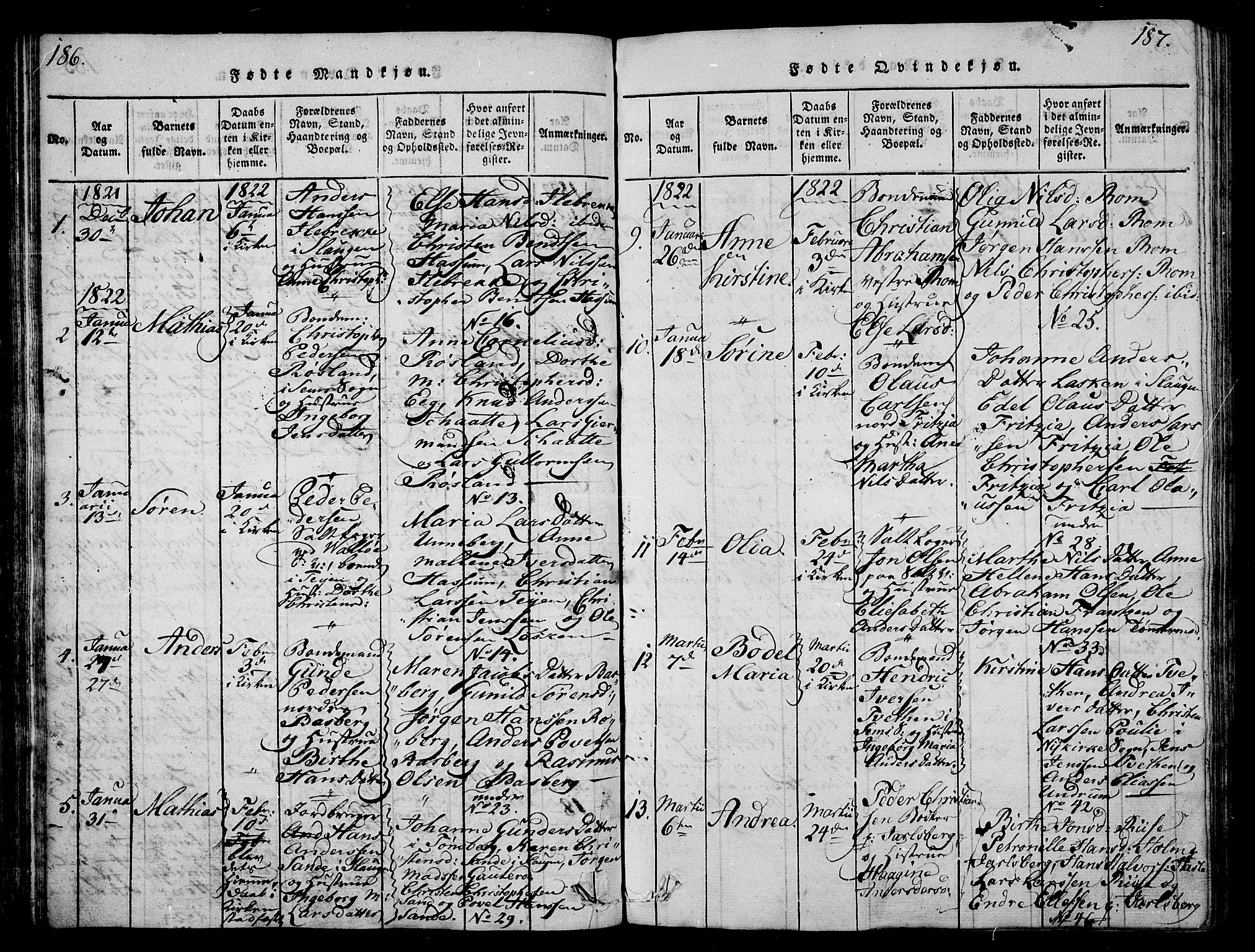 Sem kirkebøker, AV/SAKO-A-5/G/Ga/L0001: Parish register (copy) no. I 1, 1814-1825, p. 186-187