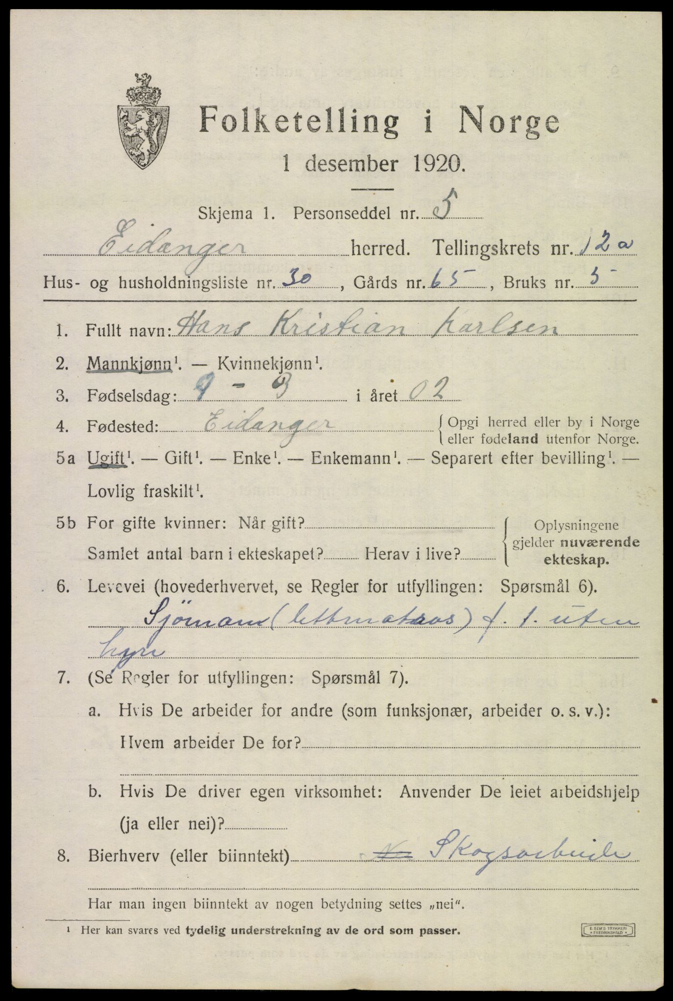 SAKO, 1920 census for Eidanger, 1920, p. 7516