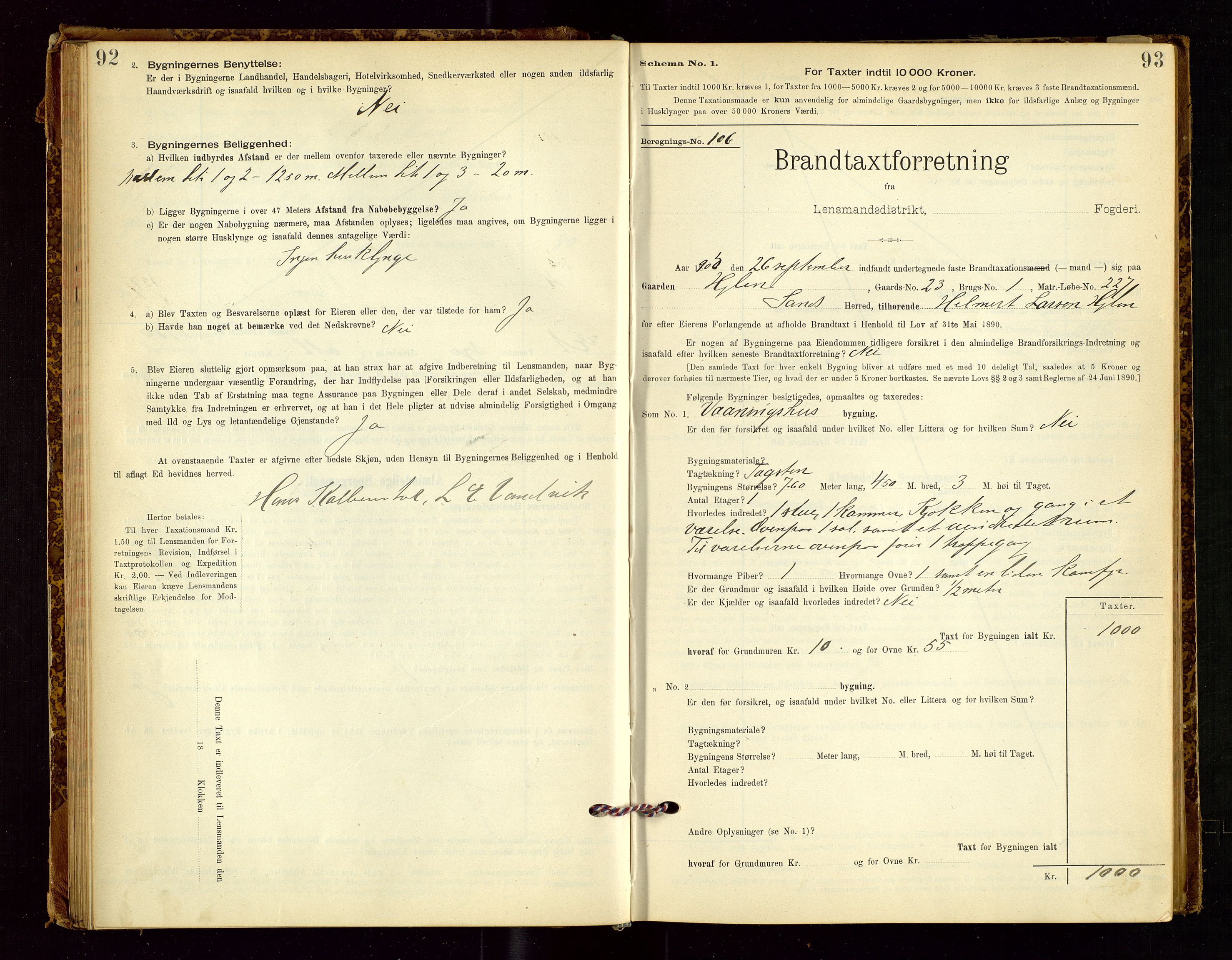 Sand lensmannskontor, AV/SAST-A-100415/Goc/L0001: "Brandtaxationsprotokol", 1895-1935, p. 92-93