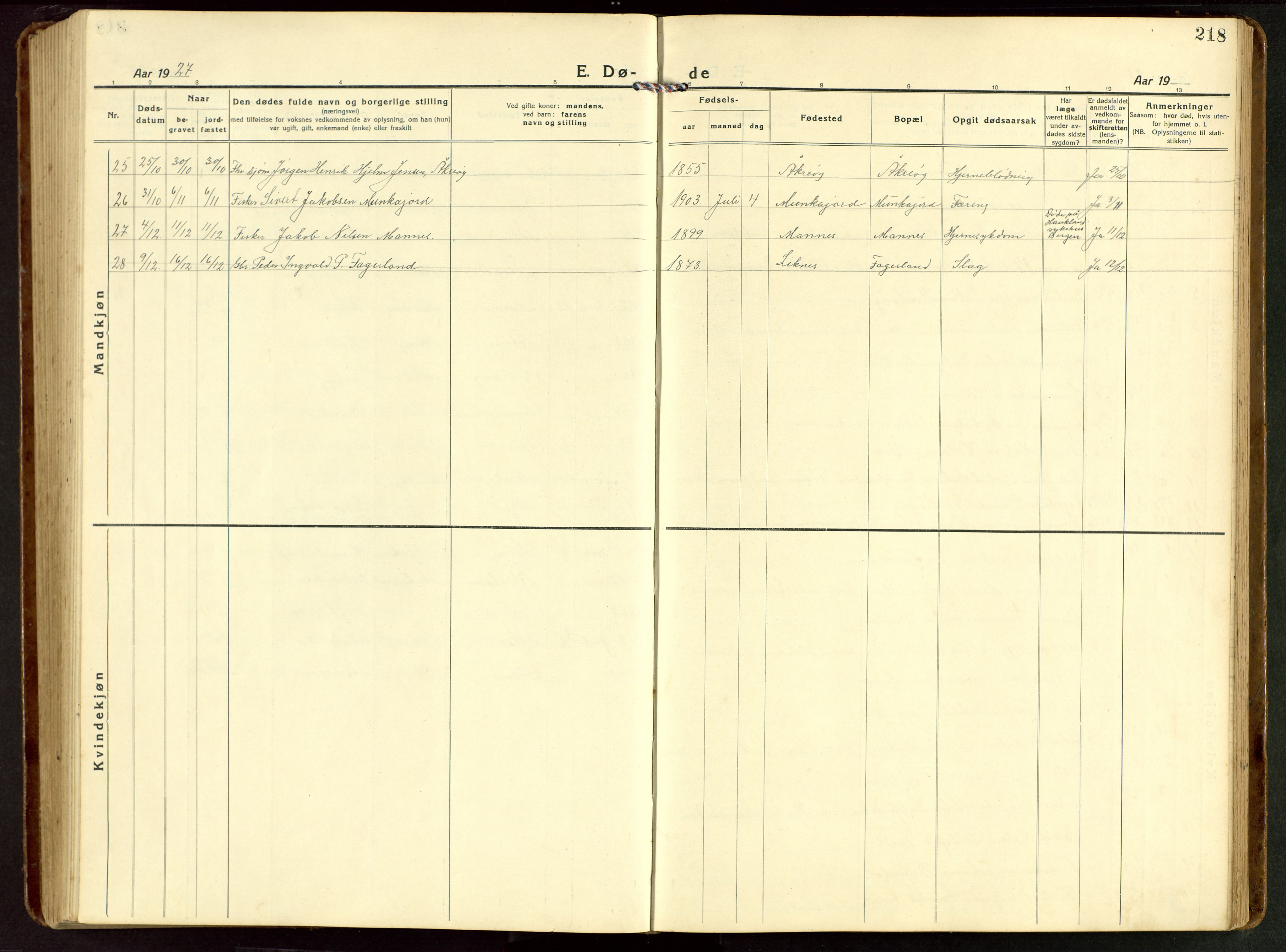 Kopervik sokneprestkontor, SAST/A-101850/H/Ha/Hab/L0014: Parish register (copy) no. B 14, 1922-1947, p. 218