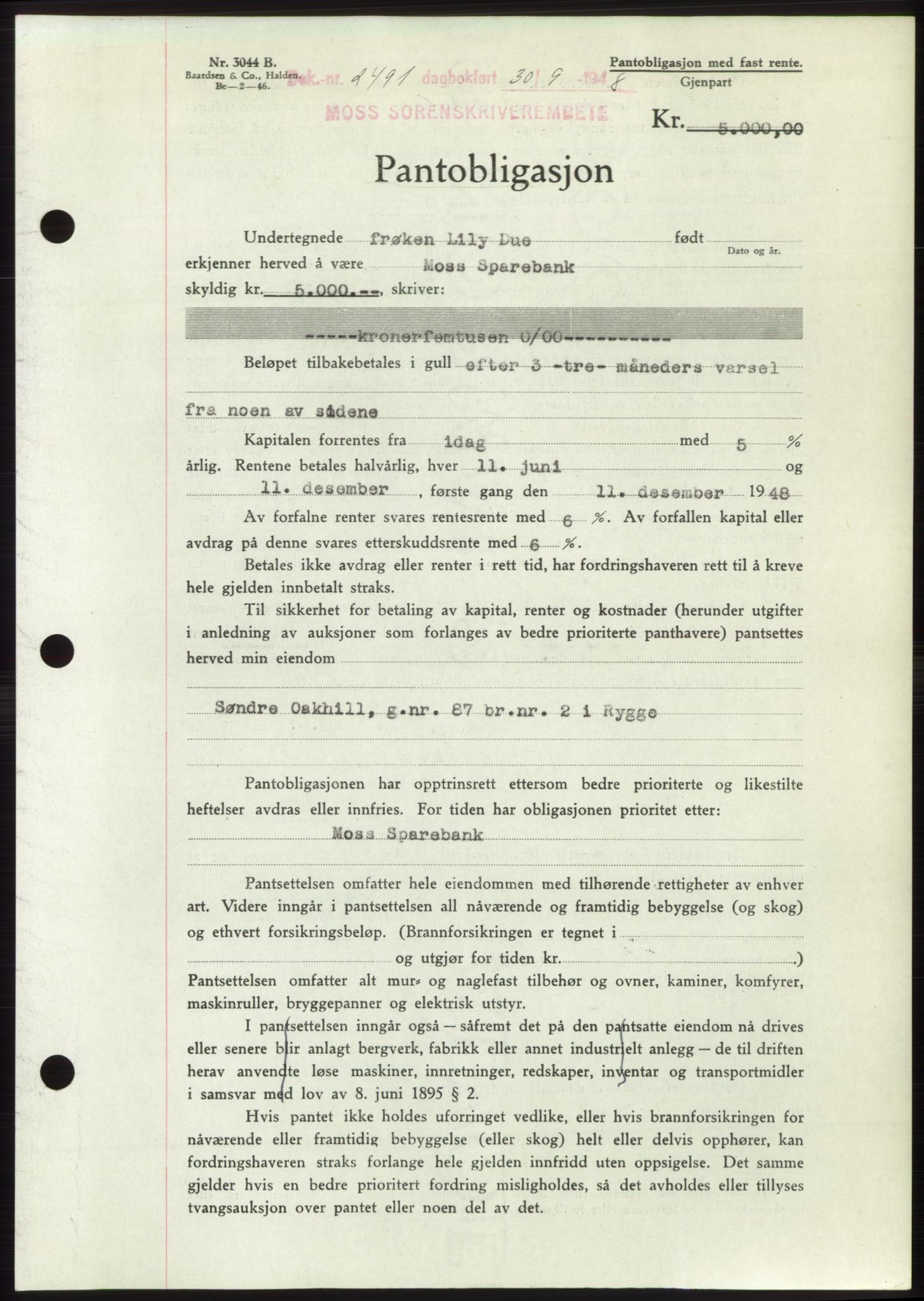 Moss sorenskriveri, AV/SAO-A-10168: Mortgage book no. B20, 1948-1948, Diary no: : 2491/1948