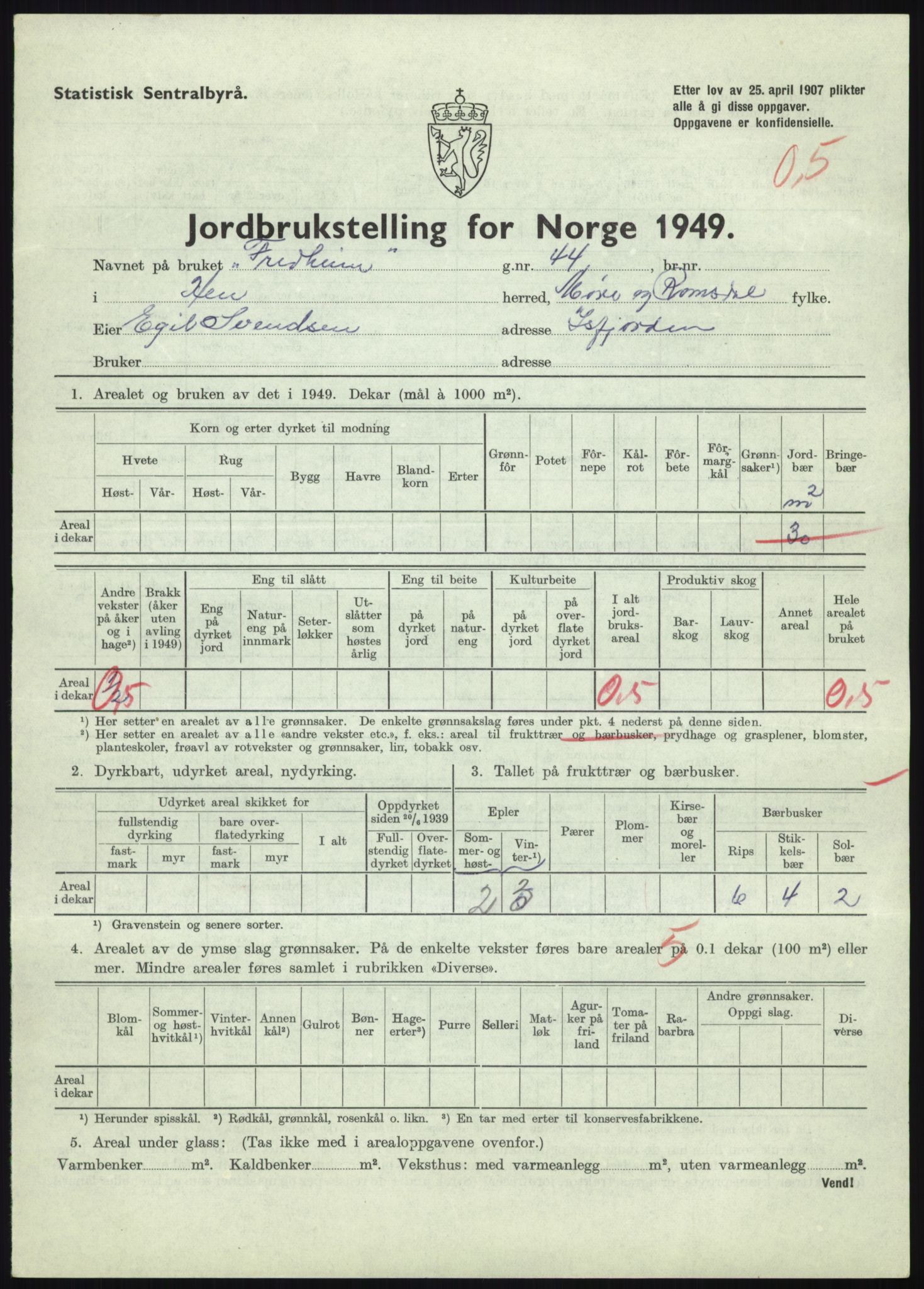 Statistisk sentralbyrå, Næringsøkonomiske emner, Jordbruk, skogbruk, jakt, fiske og fangst, AV/RA-S-2234/G/Gc/L0323: Møre og Romsdal: Grytten og Hen, 1949, p. 467