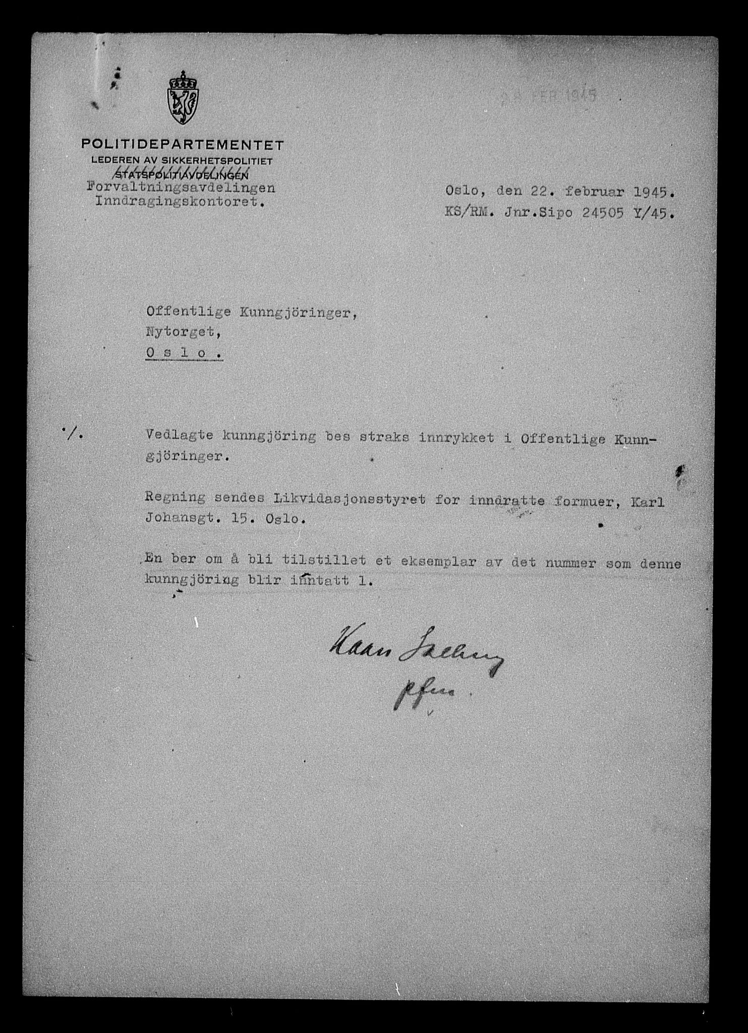 Justisdepartementet, Tilbakeføringskontoret for inndratte formuer, AV/RA-S-1564/H/Hc/Hcd/L1009: --, 1945-1947, p. 237