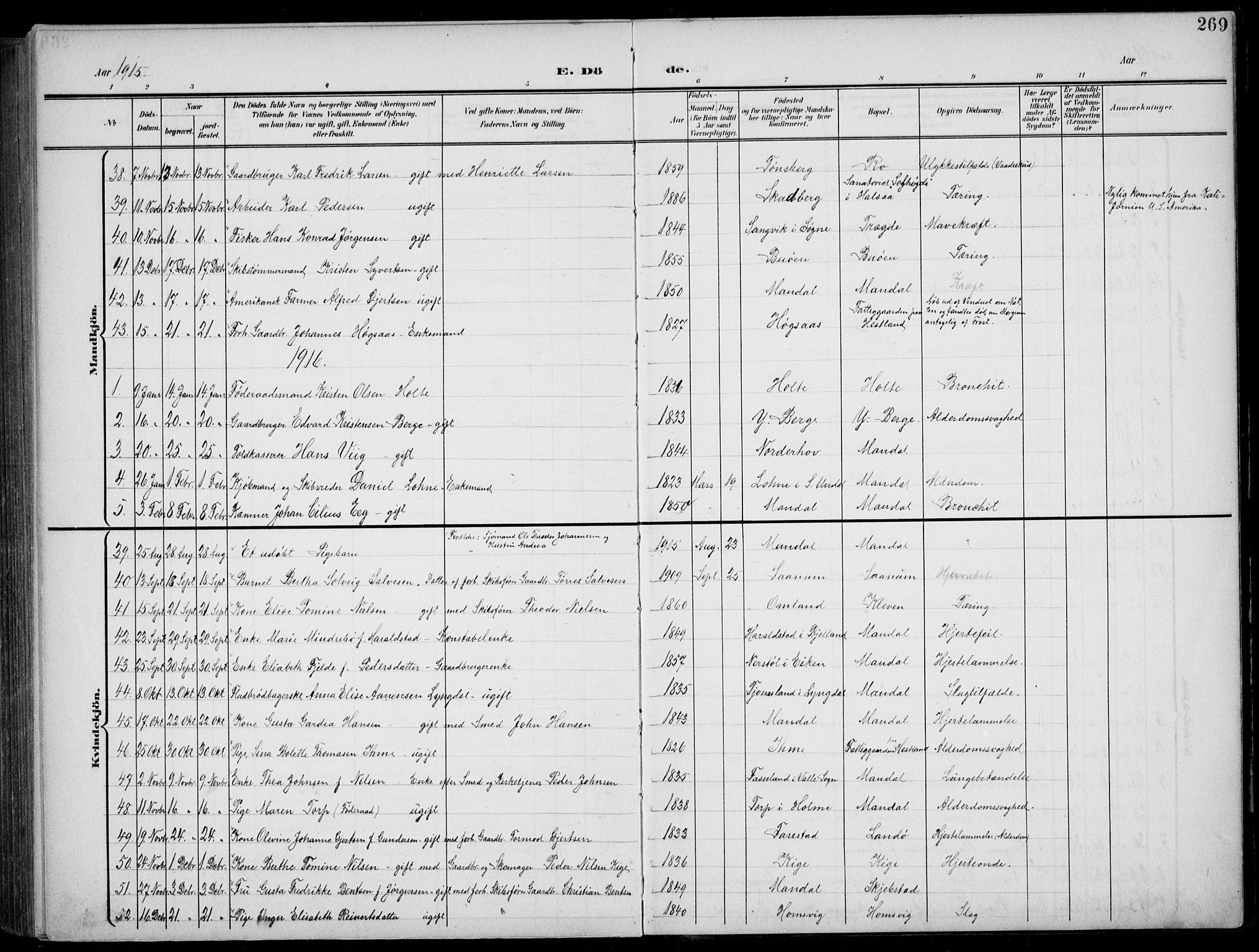 Mandal sokneprestkontor, AV/SAK-1111-0030/F/Fb/Fba/L0012: Parish register (copy) no. B 6, 1899-1918, p. 269