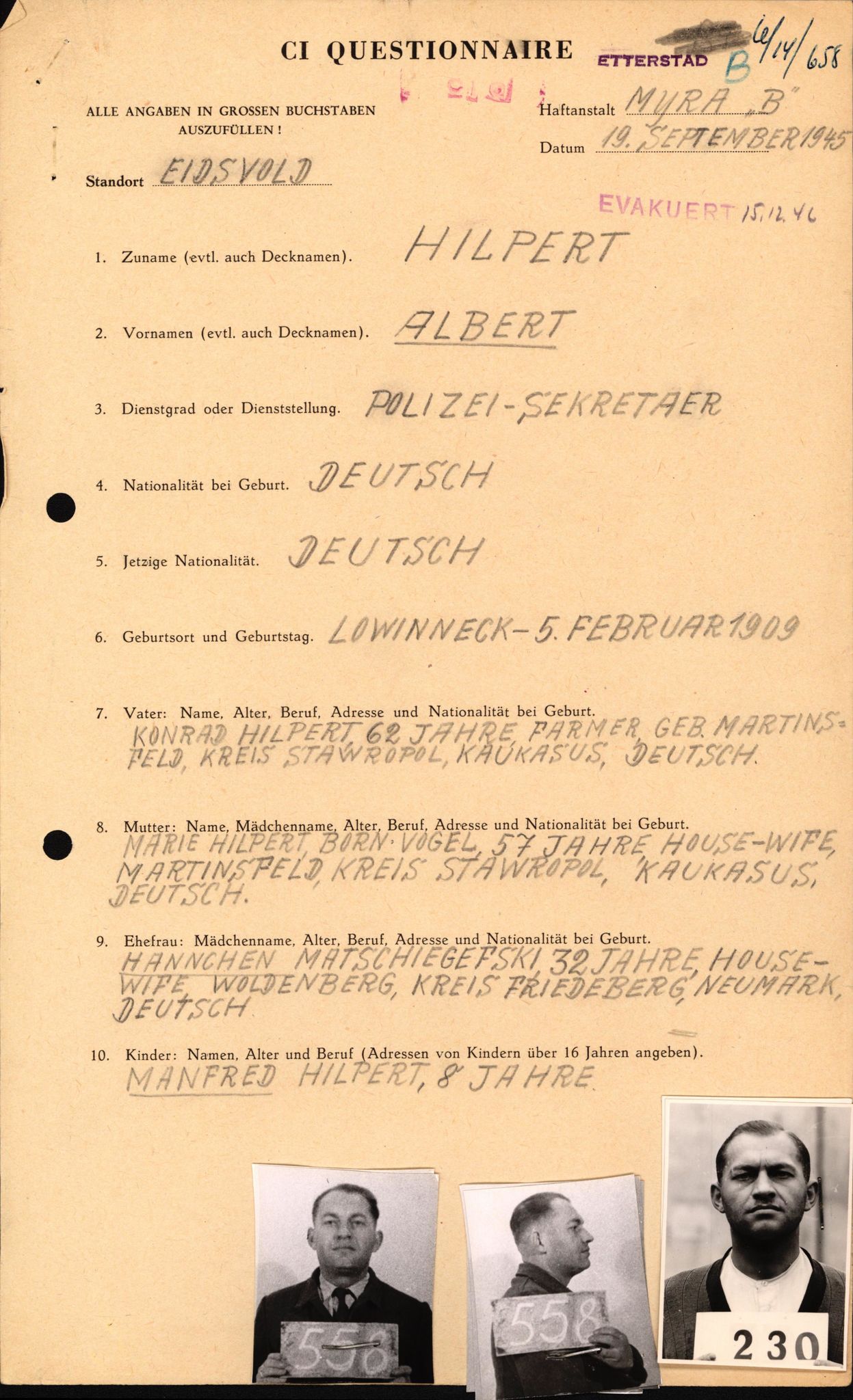 Forsvaret, Forsvarets overkommando II, AV/RA-RAFA-3915/D/Db/L0013: CI Questionaires. Tyske okkupasjonsstyrker i Norge. Tyskere., 1945-1946, p. 276