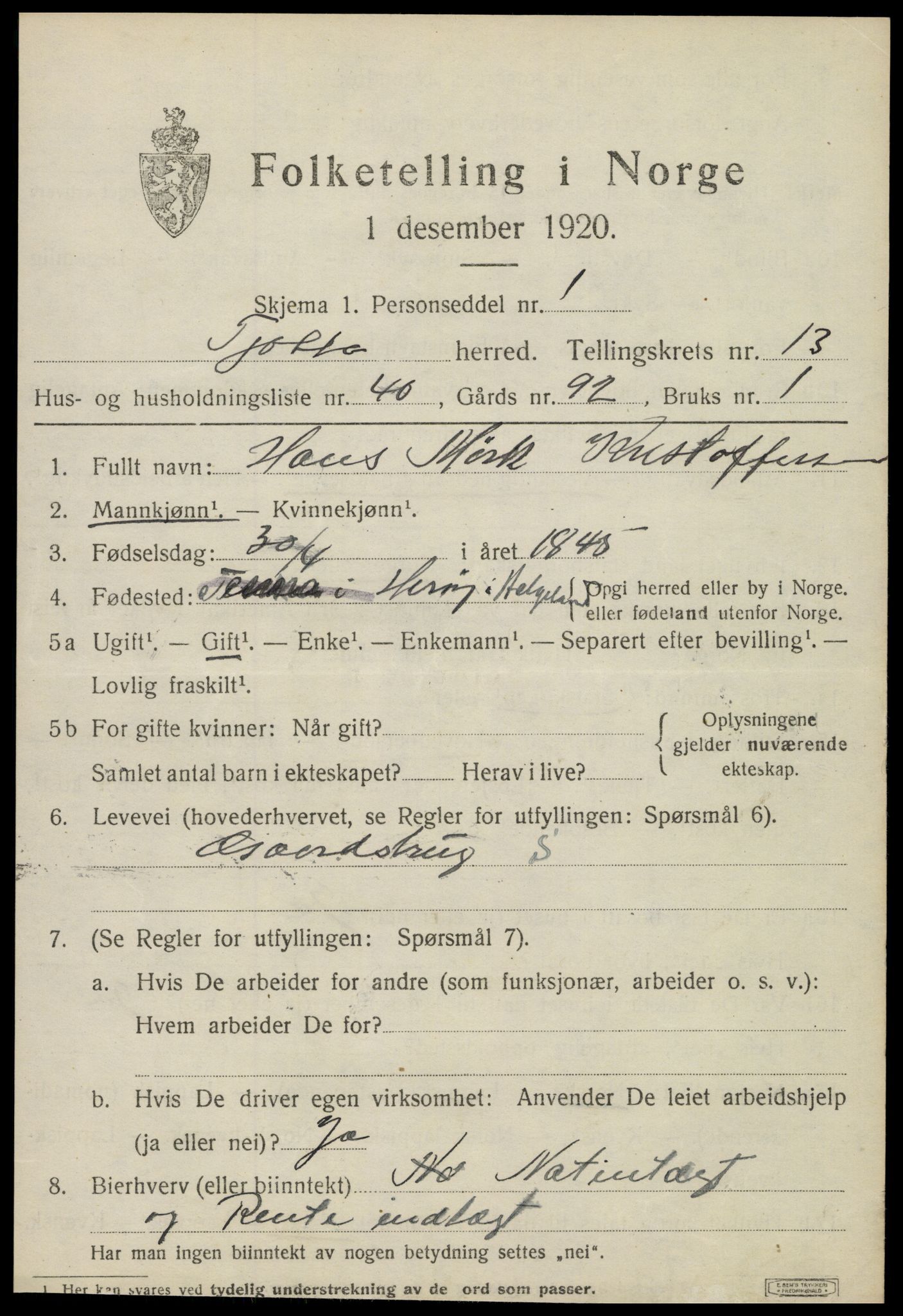 SAT, 1920 census for Tjøtta, 1920, p. 5361