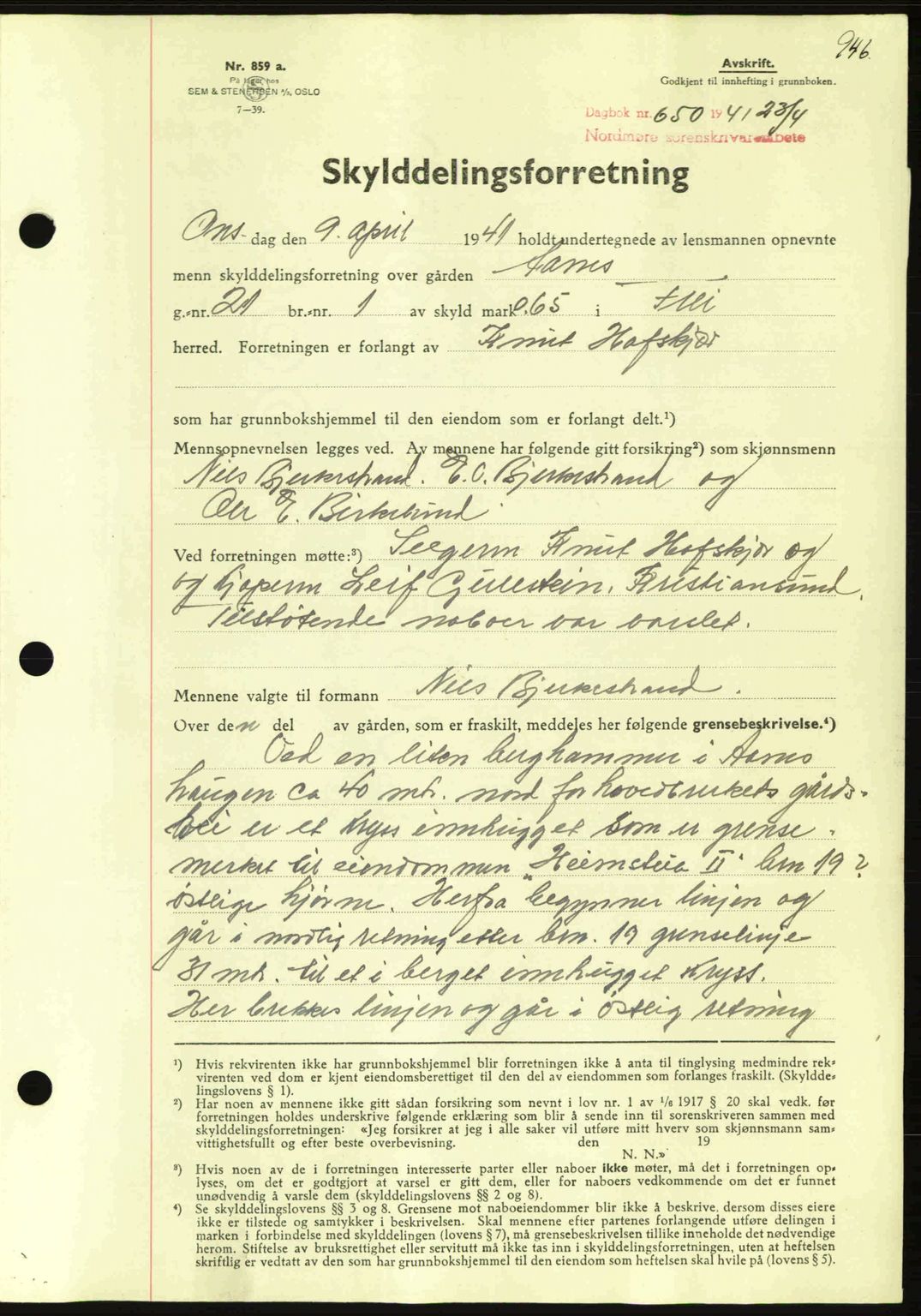 Nordmøre sorenskriveri, SAT/A-4132/1/2/2Ca: Mortgage book no. A89, 1940-1941, Diary no: : 650/1941