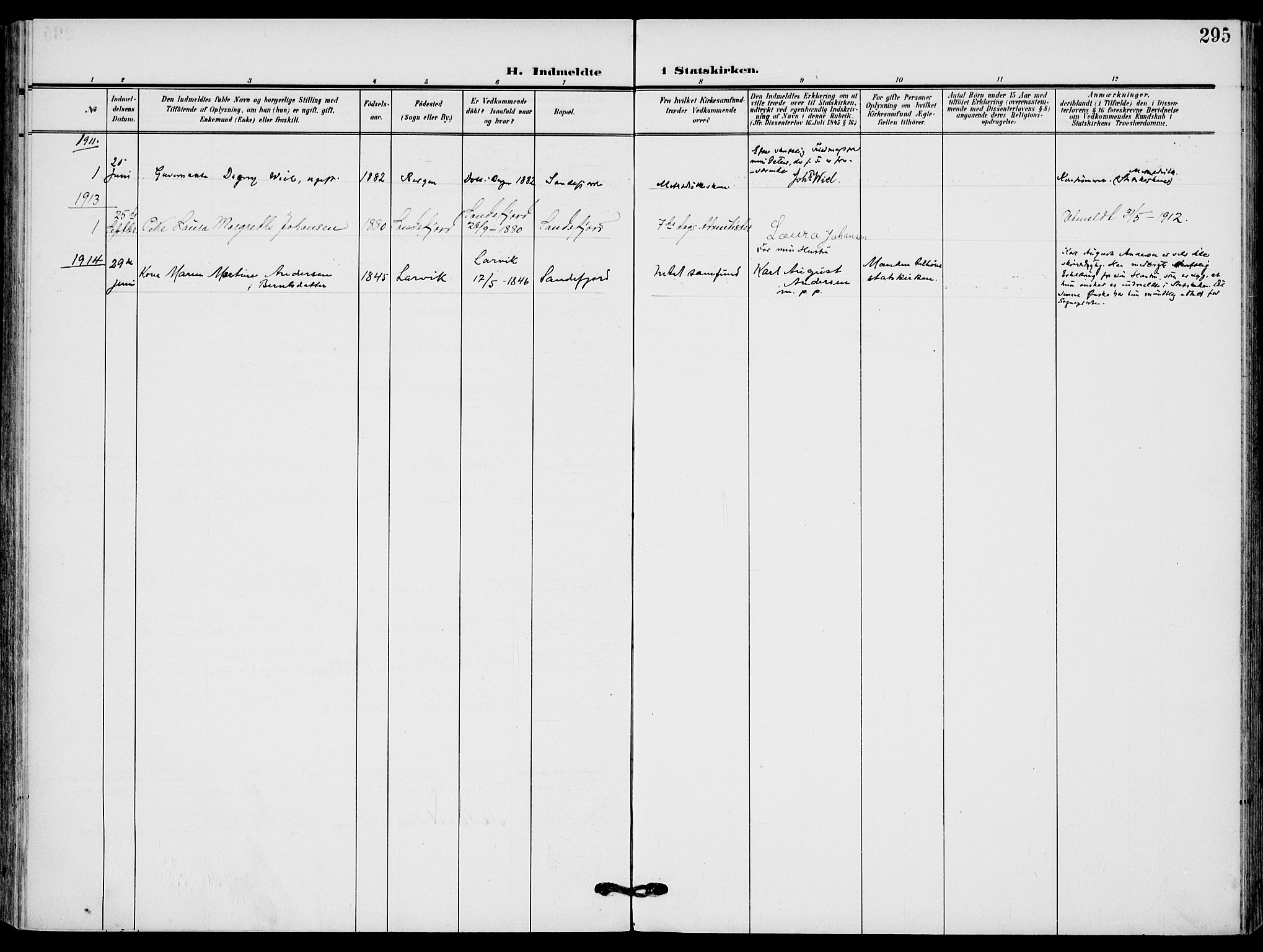 Sandefjord kirkebøker, SAKO/A-315/F/Fa/L0005: Parish register (official) no. 5, 1906-1915, p. 295
