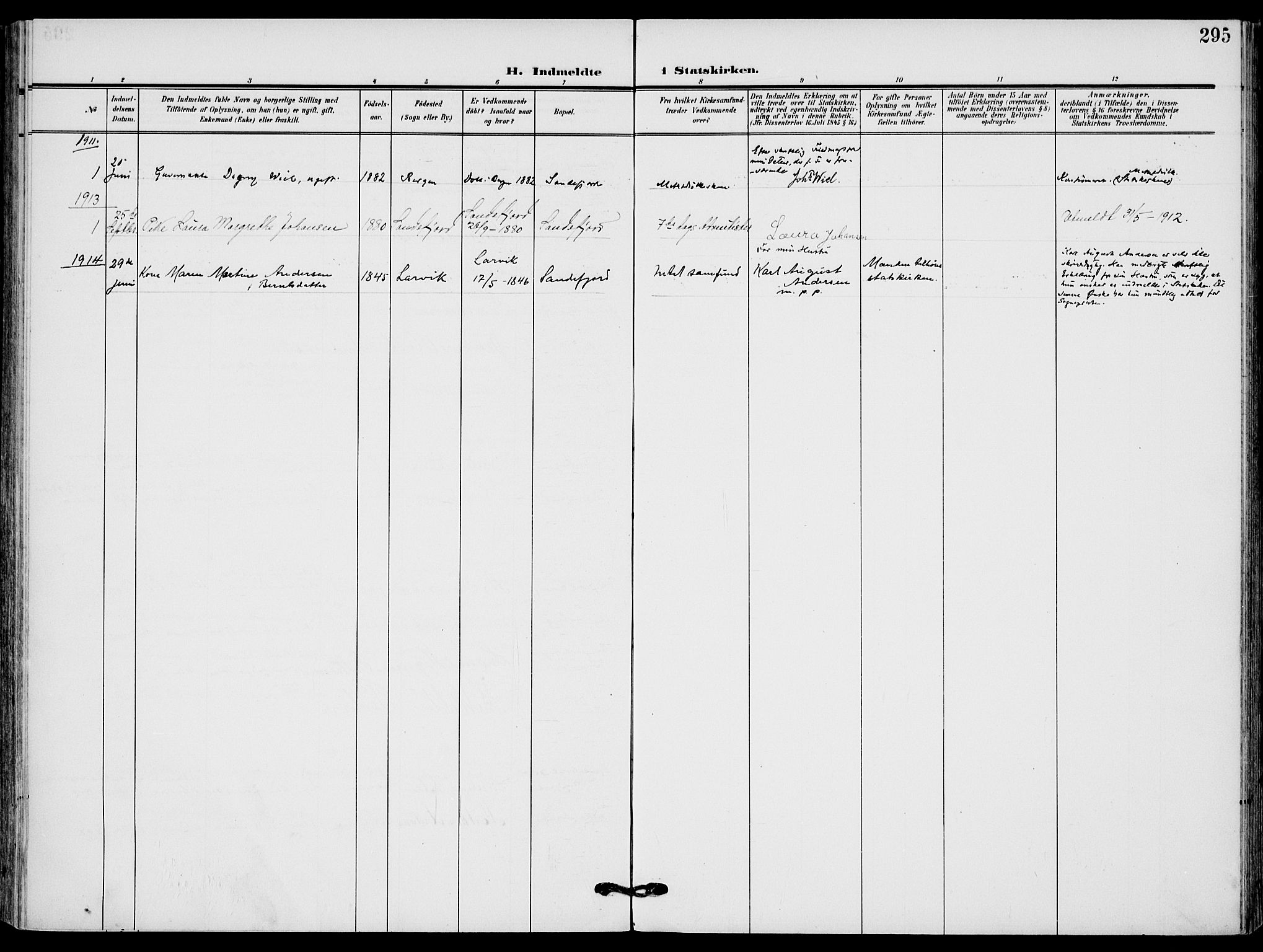 Sandefjord kirkebøker, AV/SAKO-A-315/F/Fa/L0005: Parish register (official) no. 5, 1906-1915, p. 295