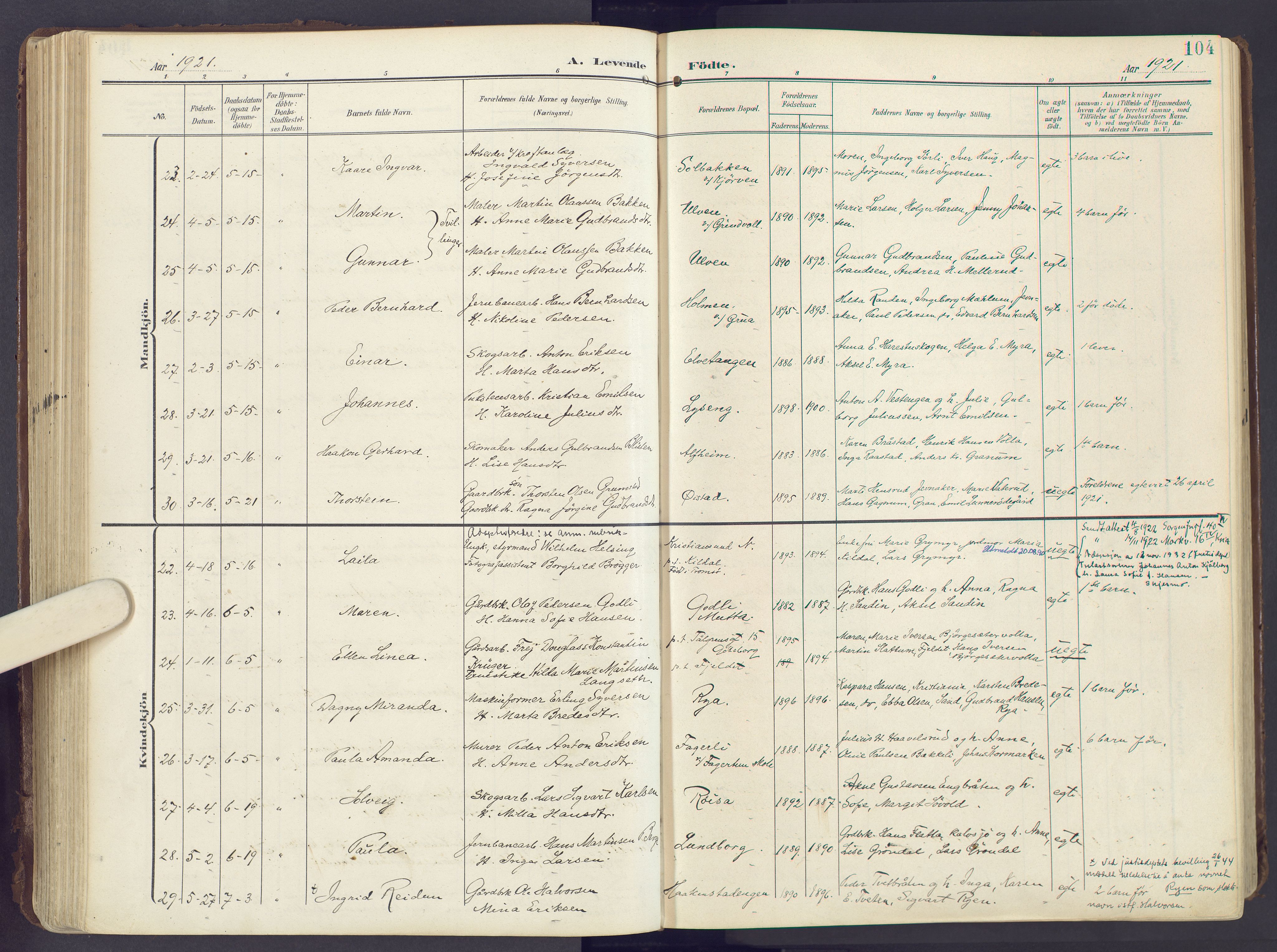 Lunner prestekontor, AV/SAH-PREST-118/H/Ha/Haa/L0001: Parish register (official) no. 1, 1907-1922, p. 104