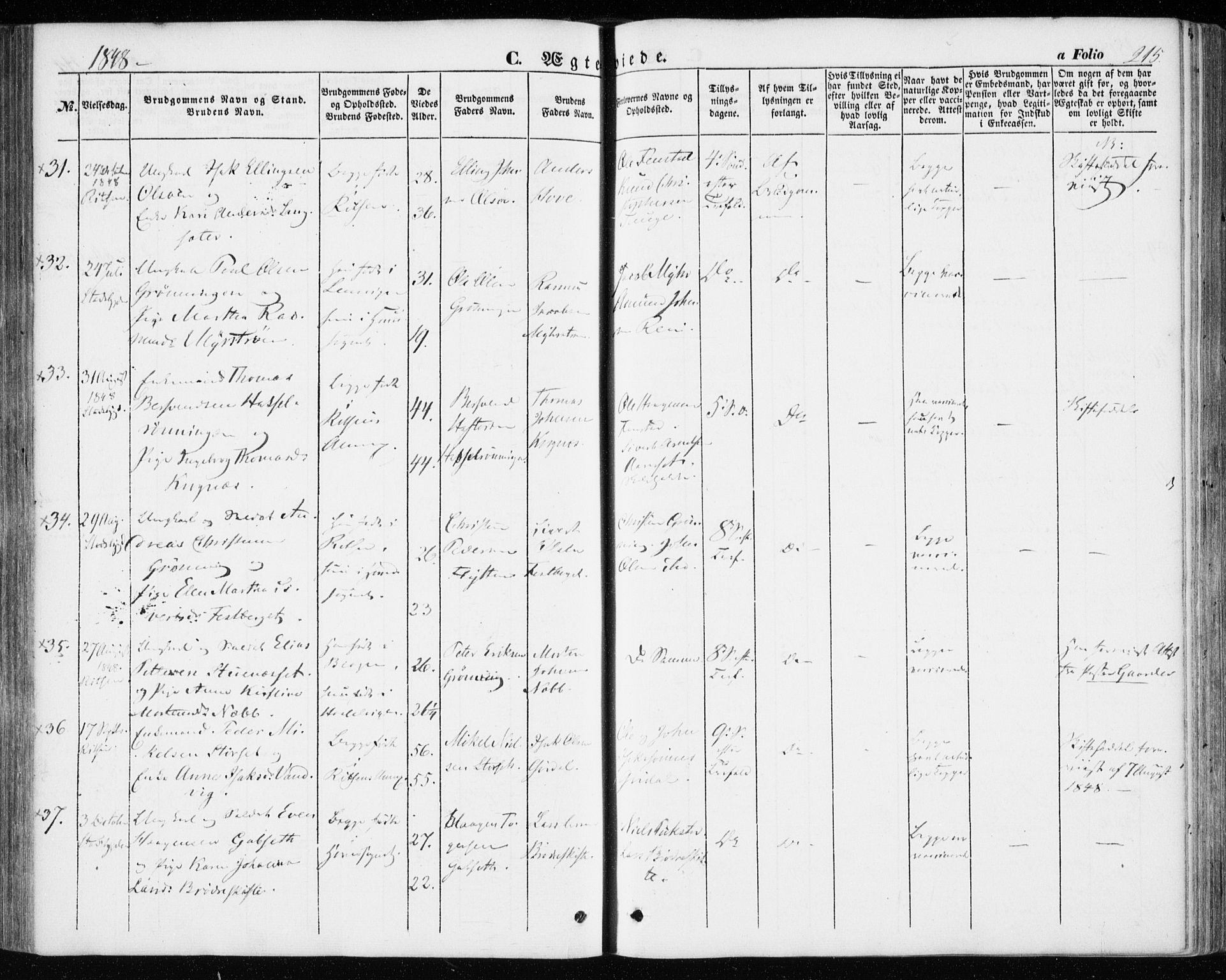 Ministerialprotokoller, klokkerbøker og fødselsregistre - Sør-Trøndelag, AV/SAT-A-1456/646/L0611: Parish register (official) no. 646A09, 1848-1857, p. 215