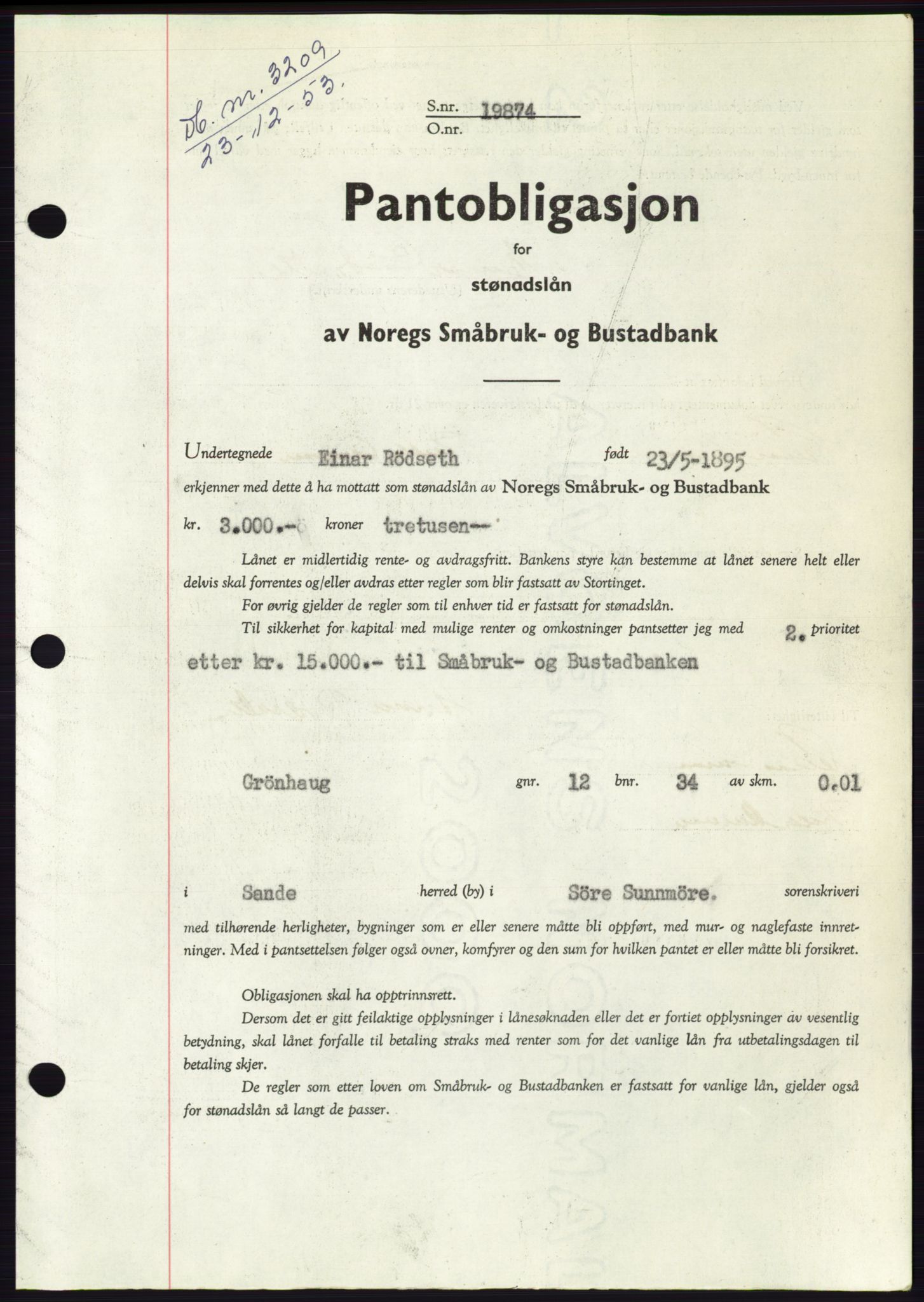 Søre Sunnmøre sorenskriveri, AV/SAT-A-4122/1/2/2C/L0124: Mortgage book no. 12B, 1953-1954, Diary no: : 3209/1953