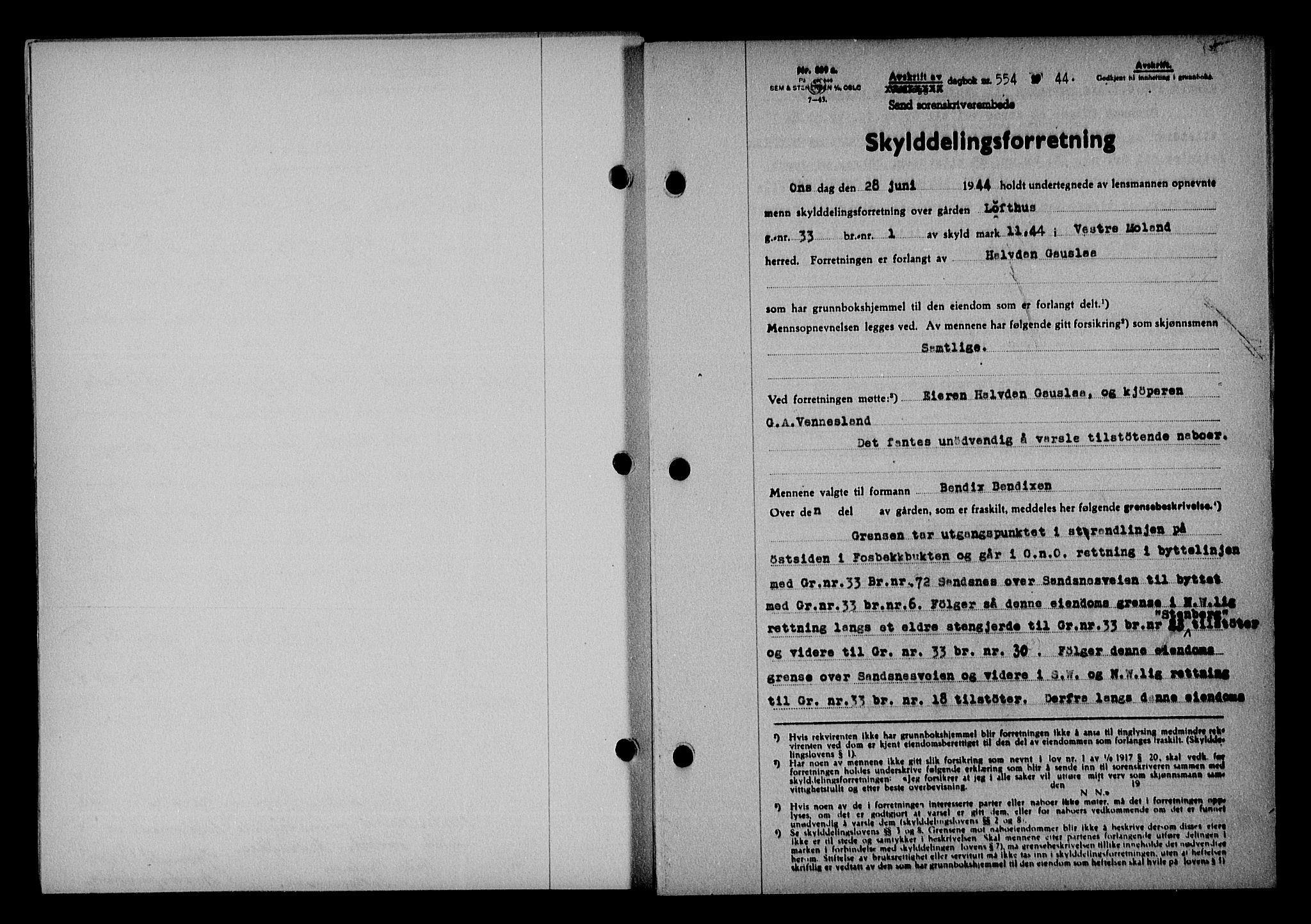 Vestre Nedenes/Sand sorenskriveri, SAK/1221-0010/G/Gb/Gba/L0053: Mortgage book no. A 6, 1944-1945, Diary no: : 554/1944