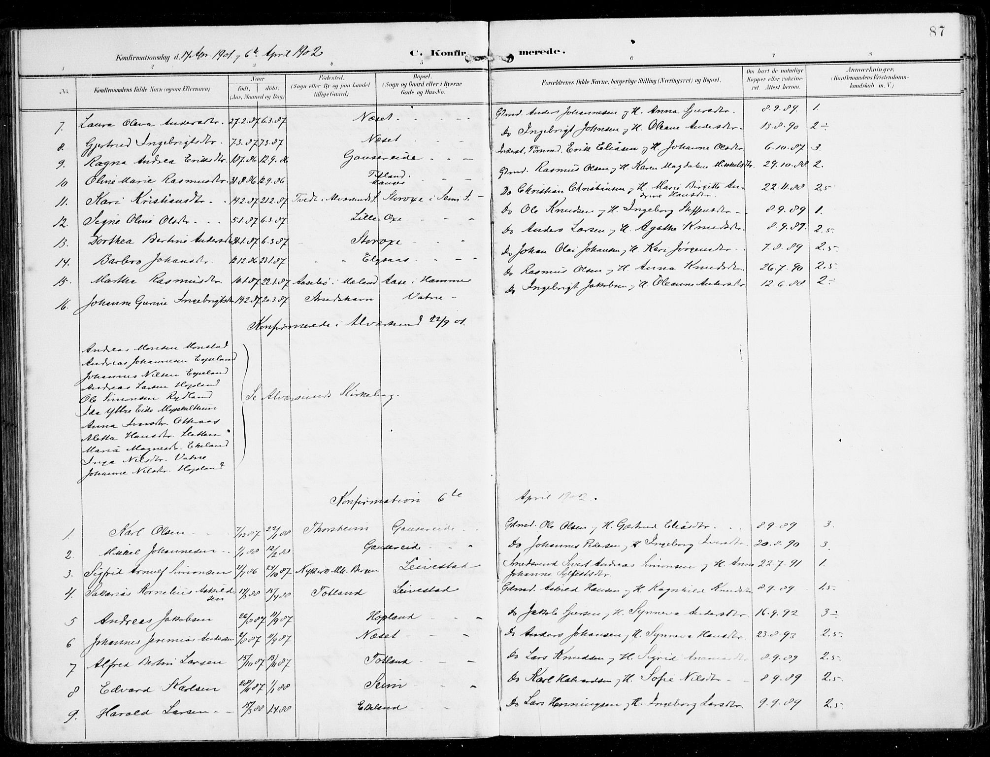 Alversund Sokneprestembete, SAB/A-73901/H/Ha/Haa/Haad/L0004: Parish register (official) no. D 4, 1898-1926, p. 87