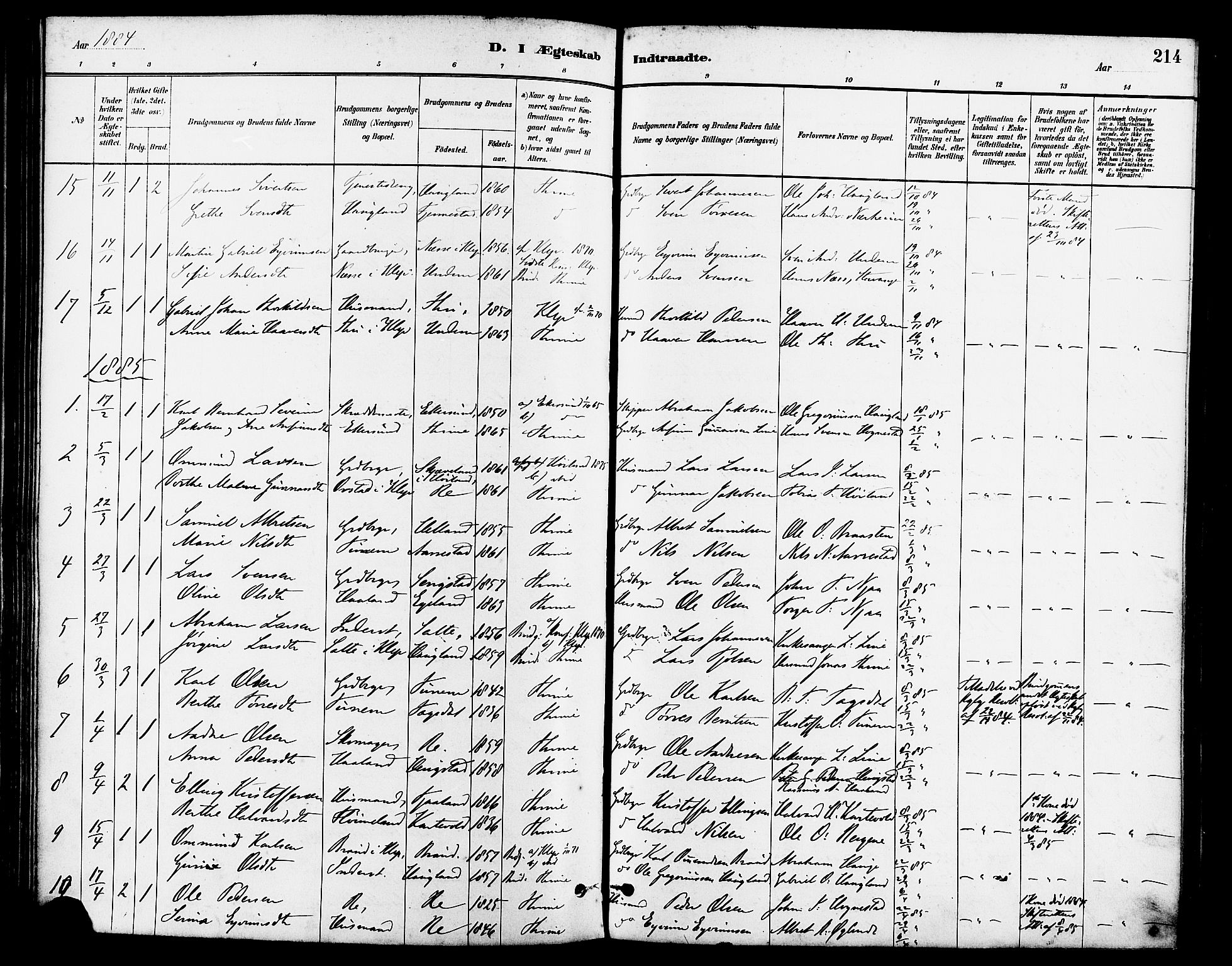 Lye sokneprestkontor, SAST/A-101794/001/30BA/L0009: Parish register (official) no. A 8, 1881-1892, p. 214