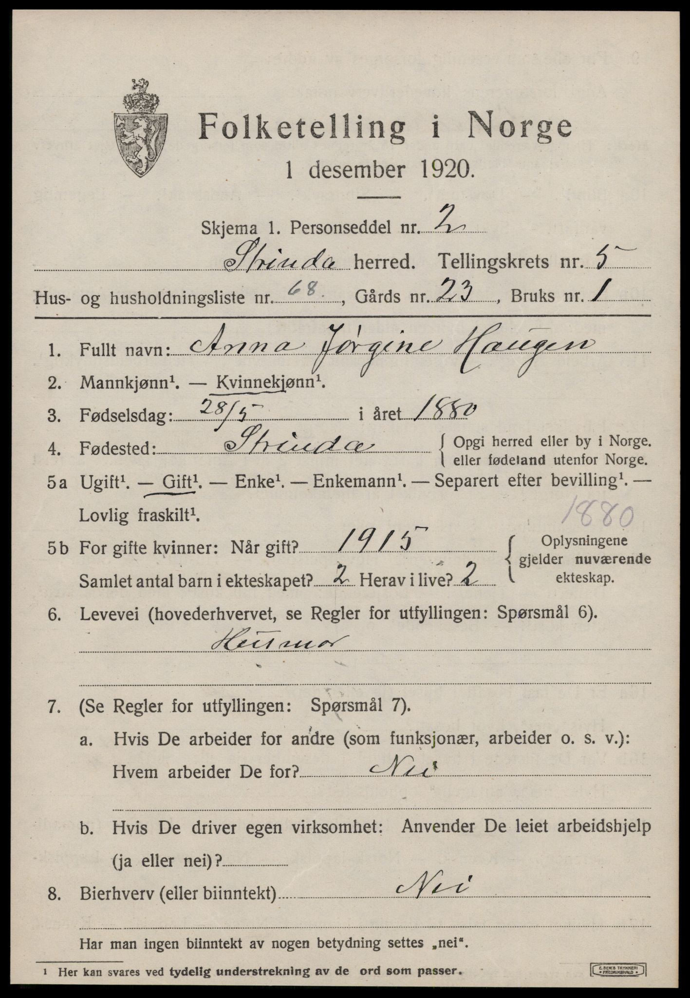 SAT, 1920 census for Strinda, 1920, p. 14442