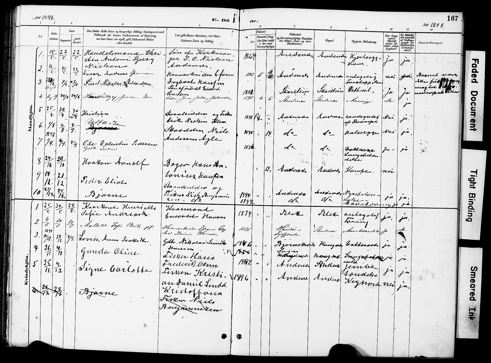 Ministerialprotokoller, klokkerbøker og fødselsregistre - Nordland, AV/SAT-A-1459/899/L1448: Parish register (copy) no. 899C03, 1887-1902, p. 167