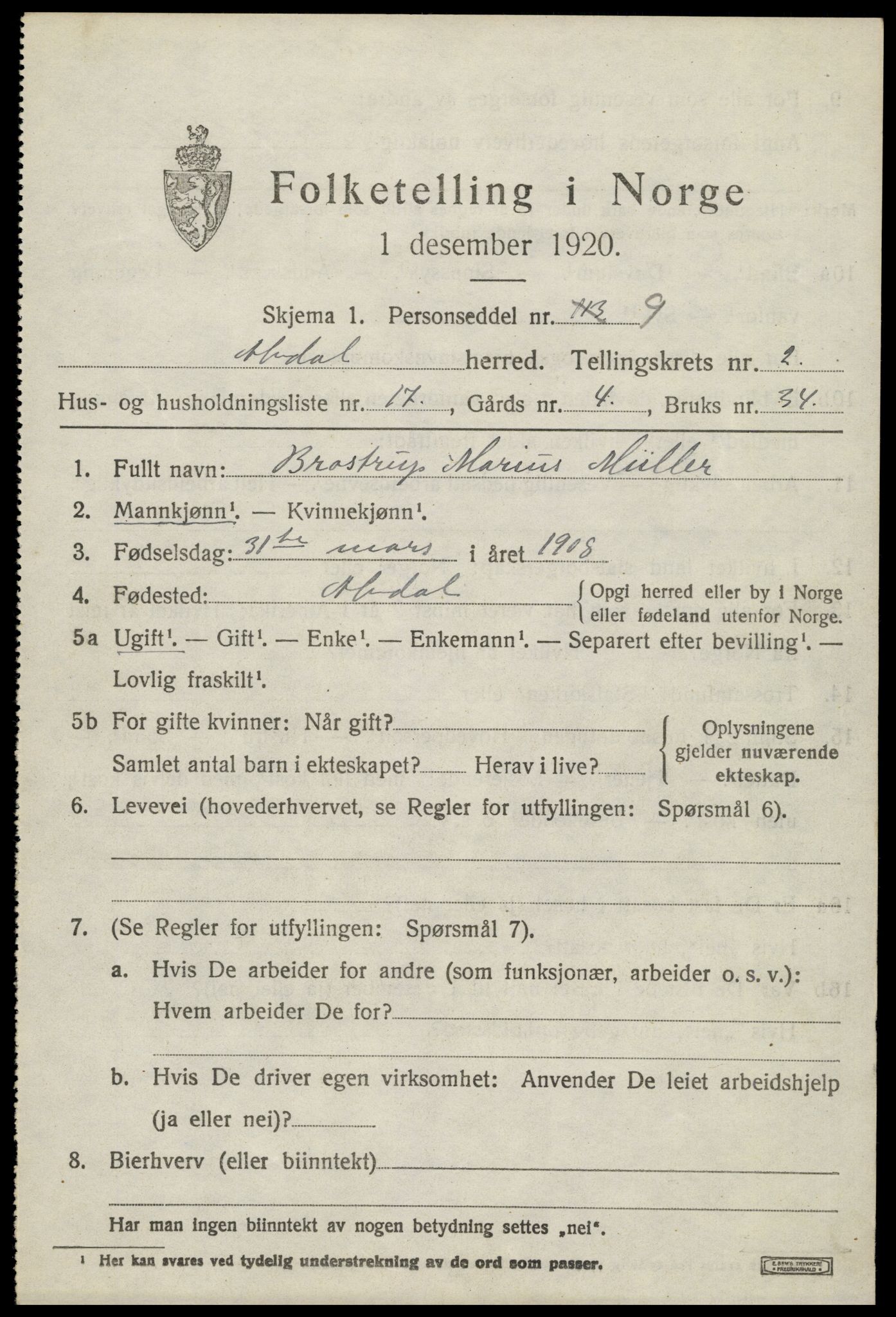 SAH, 1920 census for Alvdal, 1920, p. 1676