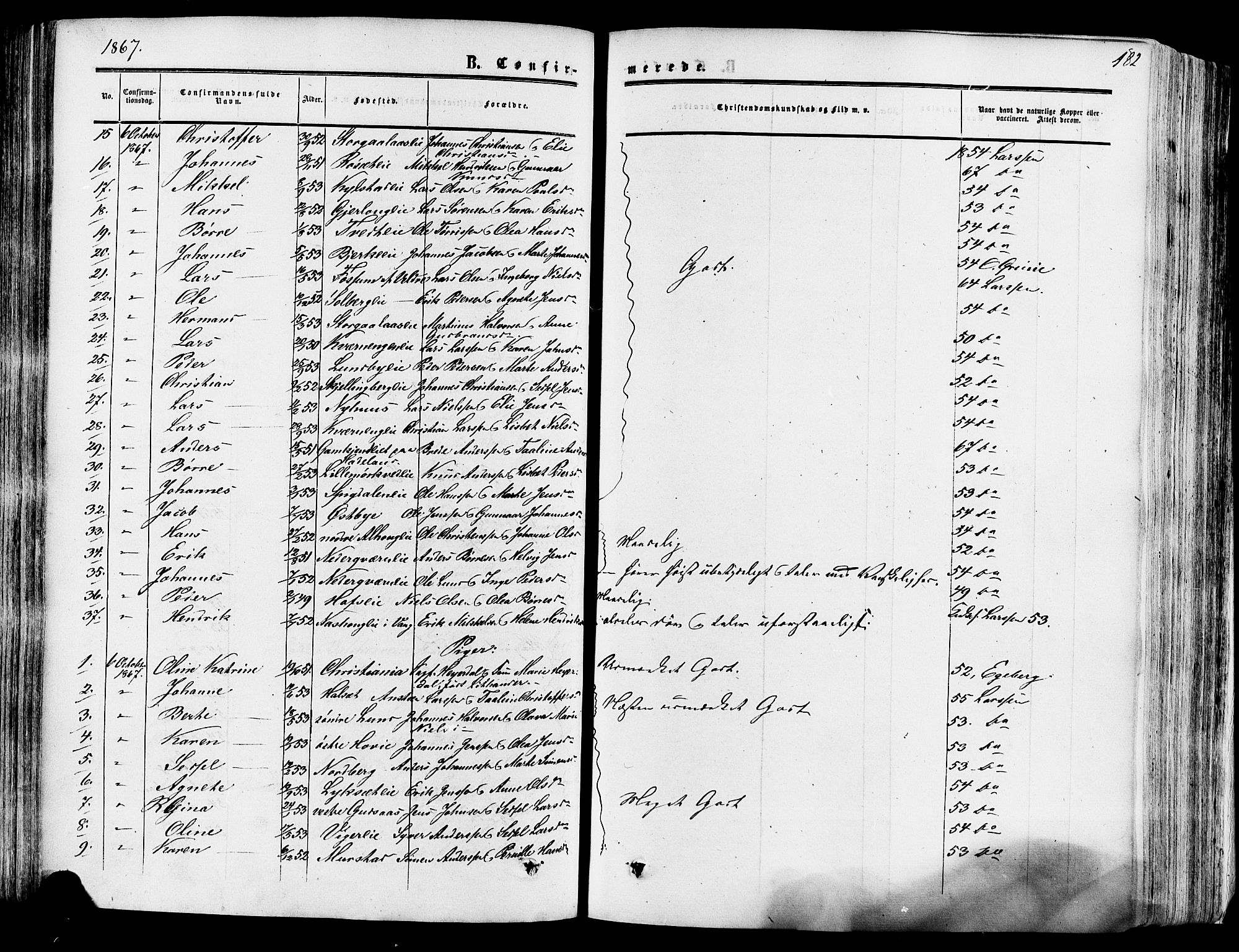 Vang prestekontor, Hedmark, SAH/PREST-008/H/Ha/Haa/L0013: Parish register (official) no. 13, 1855-1879, p. 182