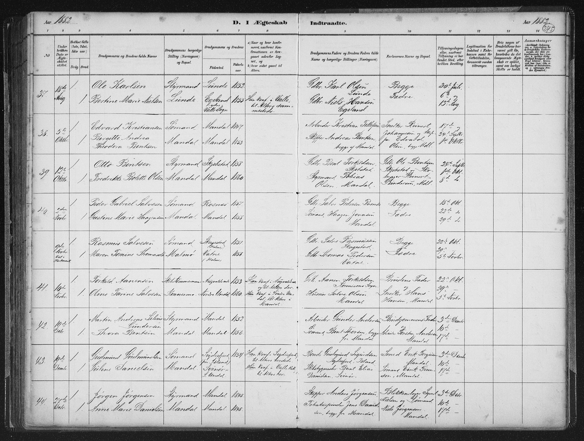 Mandal sokneprestkontor, AV/SAK-1111-0030/F/Fb/Fba/L0011: Parish register (copy) no. B 5, 1880-1898, p. 275