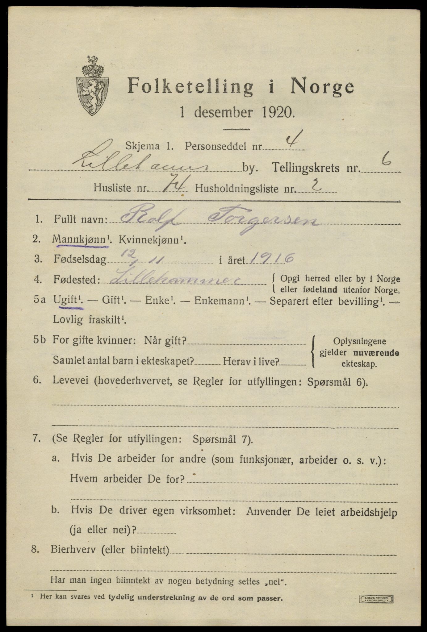 SAH, 1920 census for Lillehammer, 1920, p. 9402