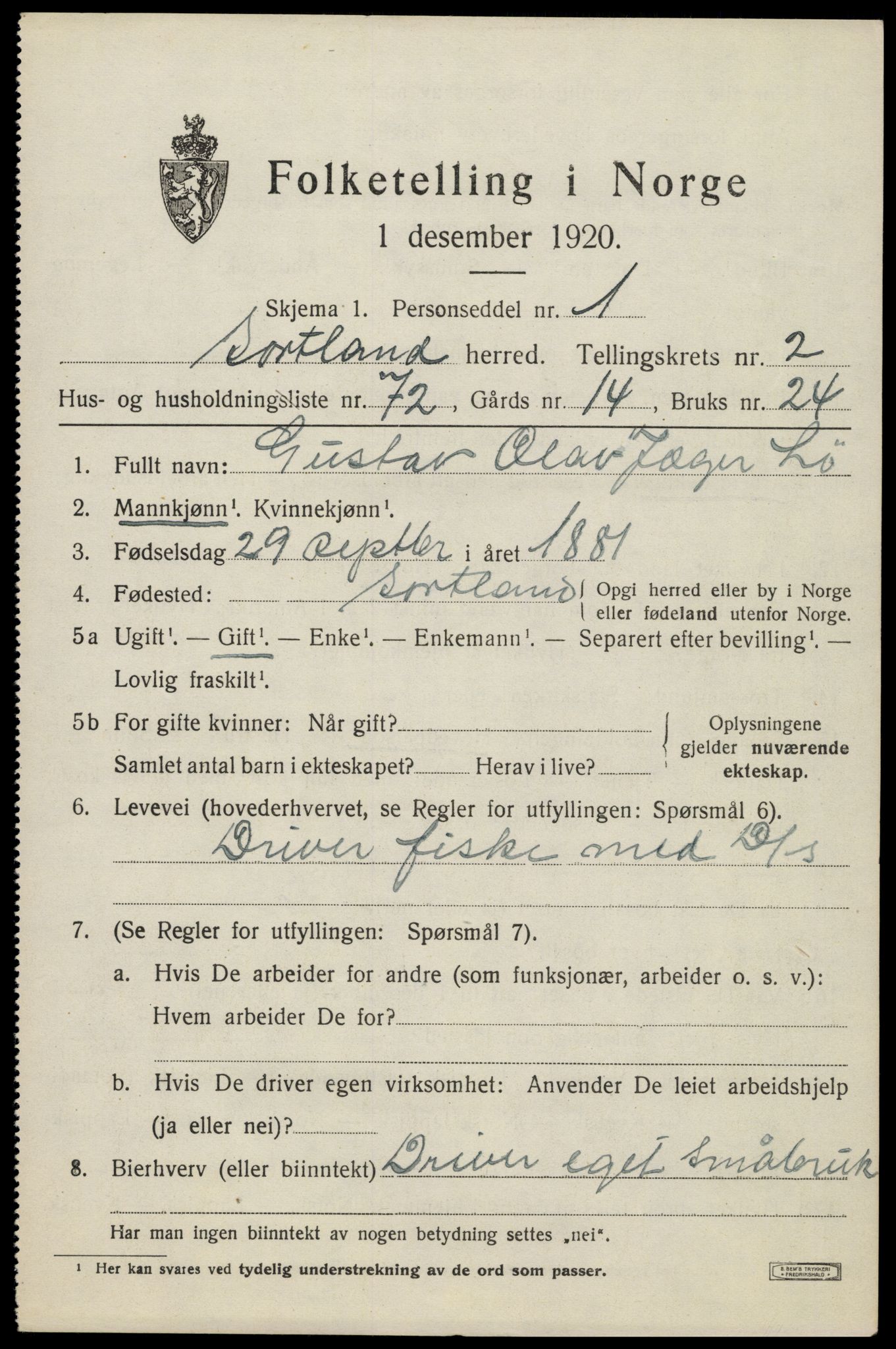 SAT, 1920 census for Sortland, 1920, p. 3606