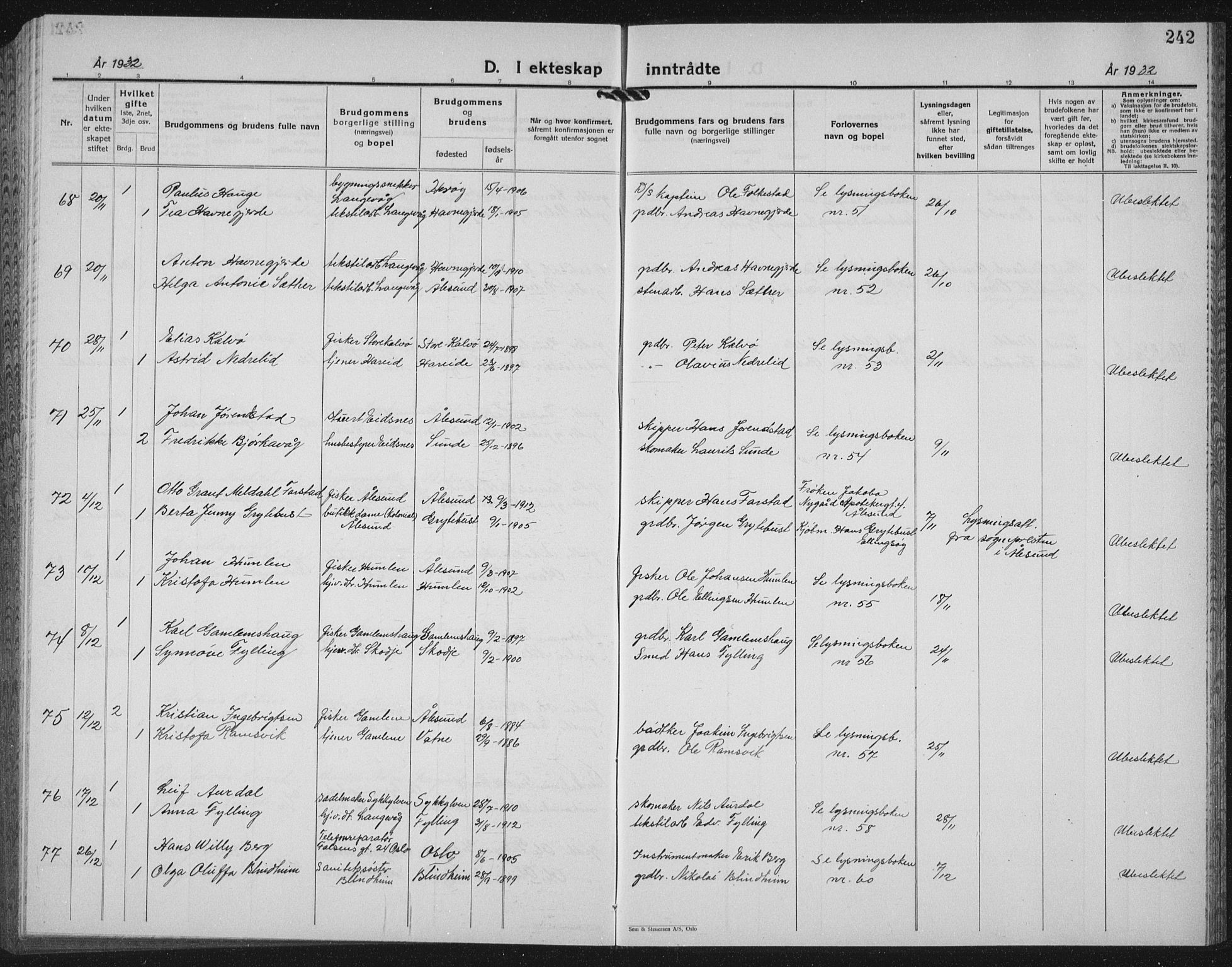 Ministerialprotokoller, klokkerbøker og fødselsregistre - Møre og Romsdal, AV/SAT-A-1454/528/L0436: Parish register (copy) no. 528C17, 1927-1939, p. 242