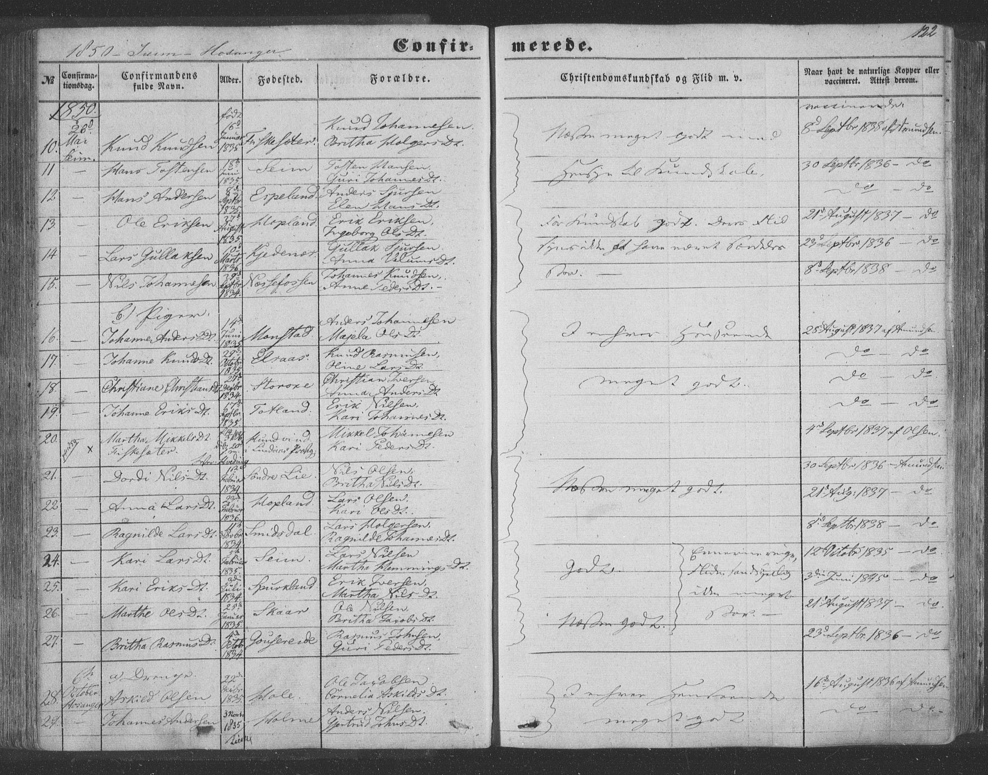 Hosanger sokneprestembete, SAB/A-75801/H/Haa: Parish register (official) no. A 8, 1849-1863, p. 122