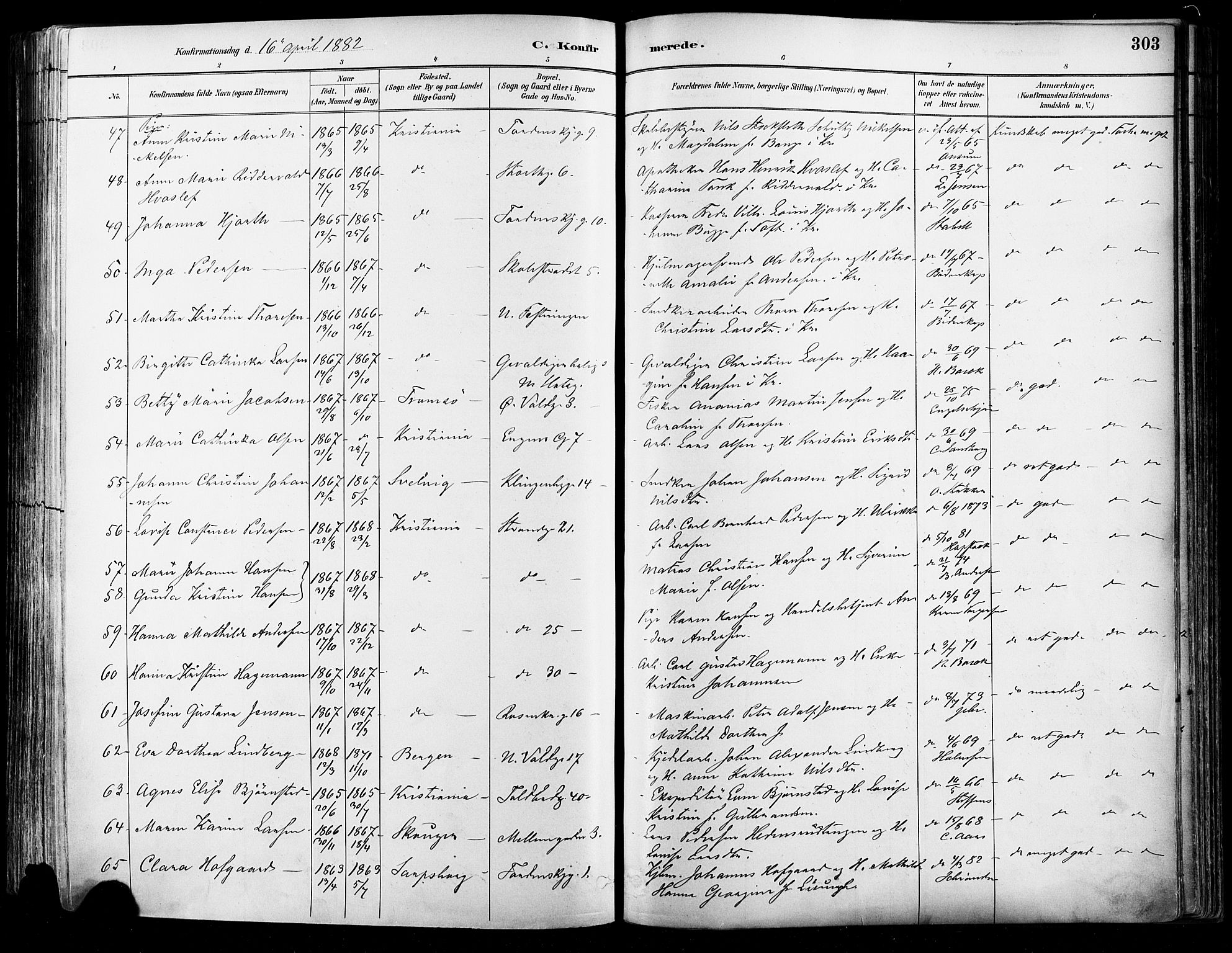 Johannes prestekontor Kirkebøker, AV/SAO-A-10852/F/Fa/L0003: Parish register (official) no. 3, 1882-1896, p. 303