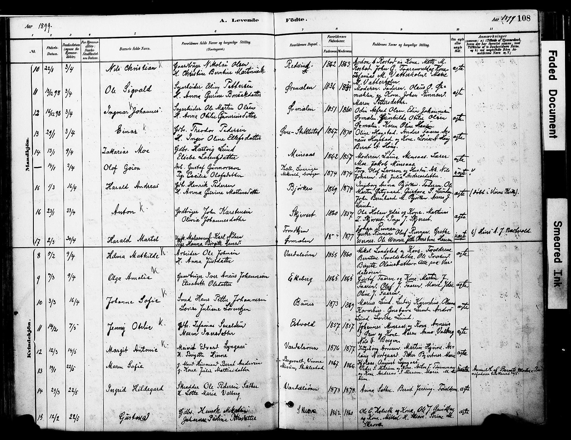 Ministerialprotokoller, klokkerbøker og fødselsregistre - Nord-Trøndelag, AV/SAT-A-1458/723/L0244: Parish register (official) no. 723A13, 1881-1899, p. 108