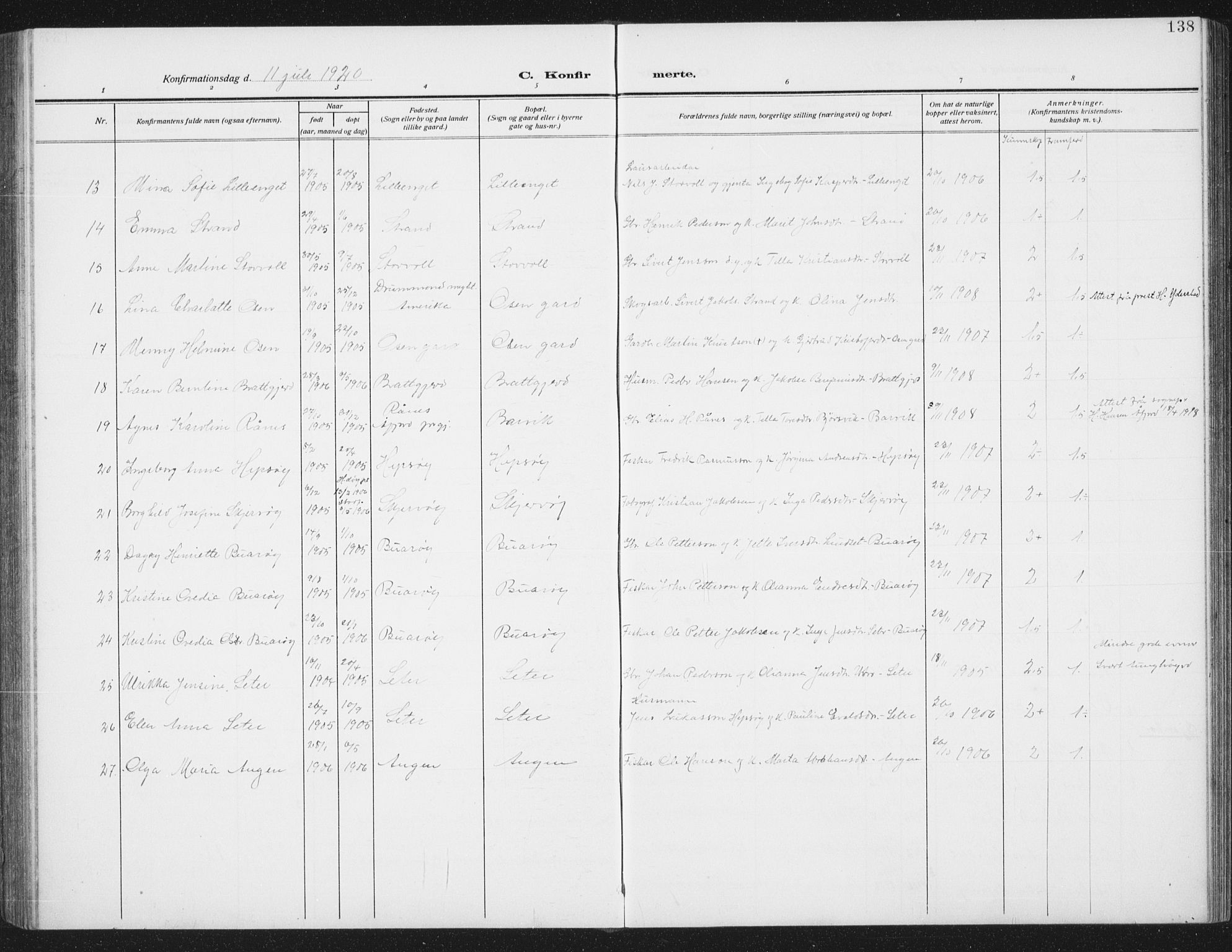 Ministerialprotokoller, klokkerbøker og fødselsregistre - Sør-Trøndelag, SAT/A-1456/658/L0727: Parish register (copy) no. 658C03, 1909-1935, p. 138