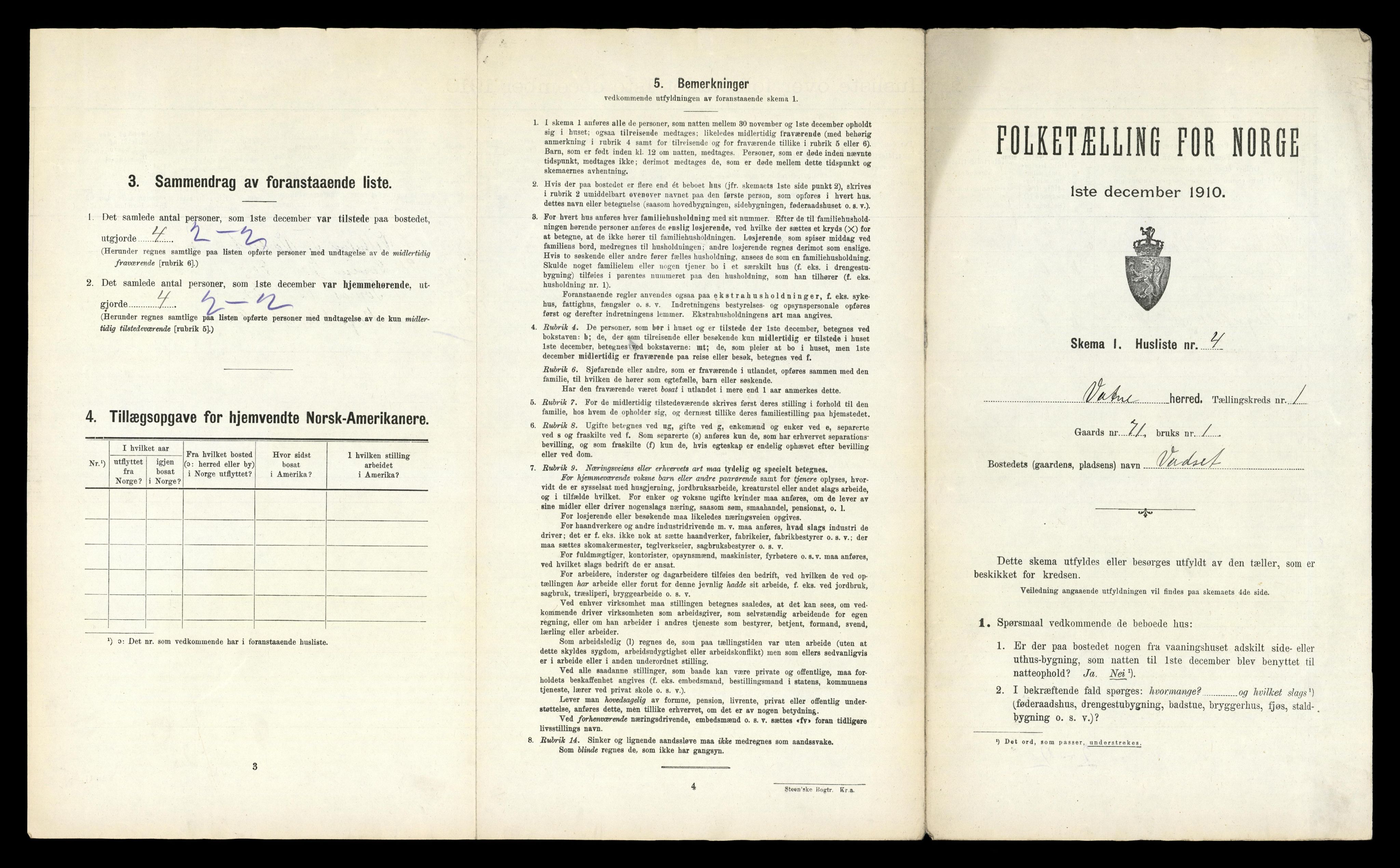 RA, 1910 census for Vatne, 1910, p. 43