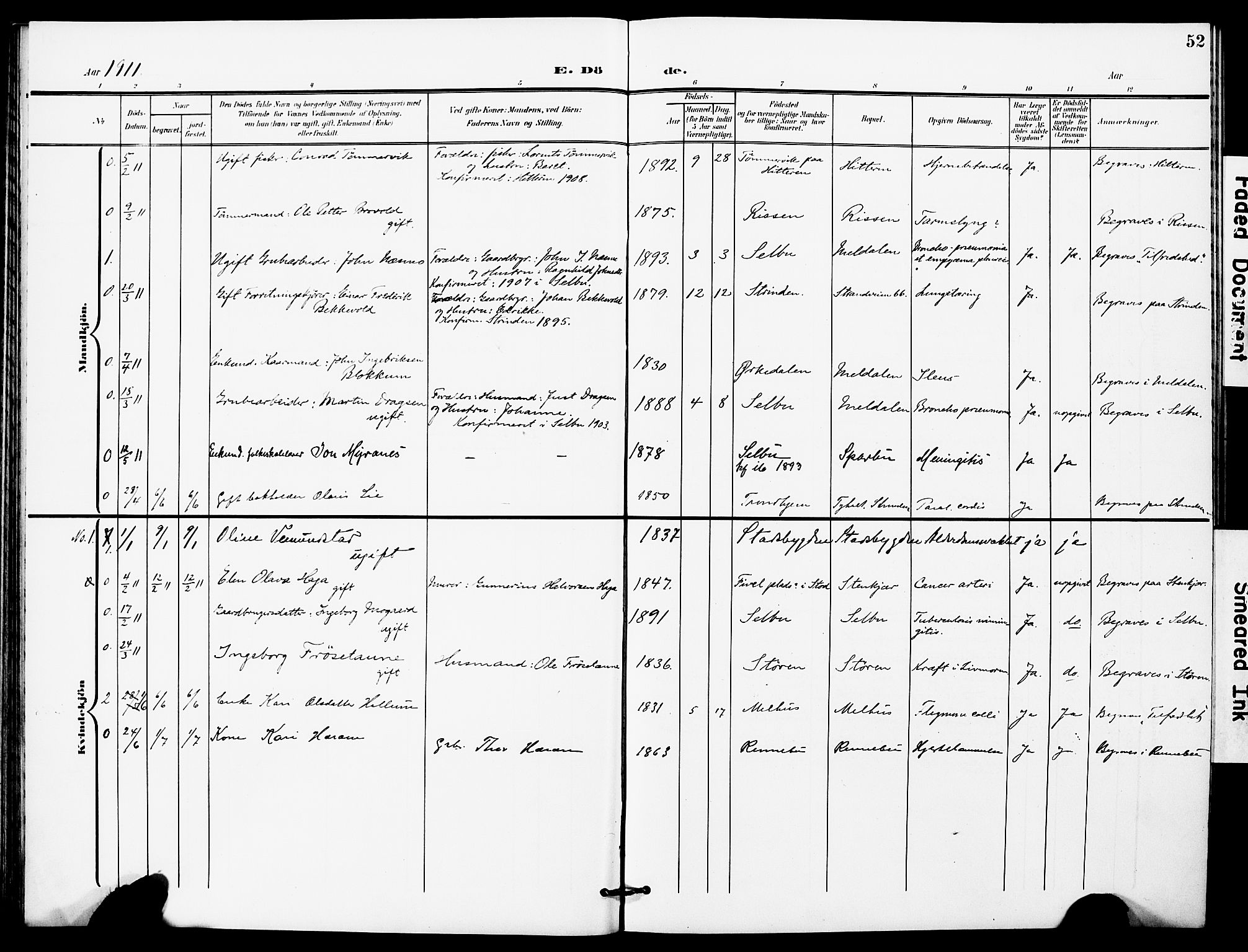 Ministerialprotokoller, klokkerbøker og fødselsregistre - Sør-Trøndelag, SAT/A-1456/628/L0483: Parish register (official) no. 628A01, 1902-1920, p. 52