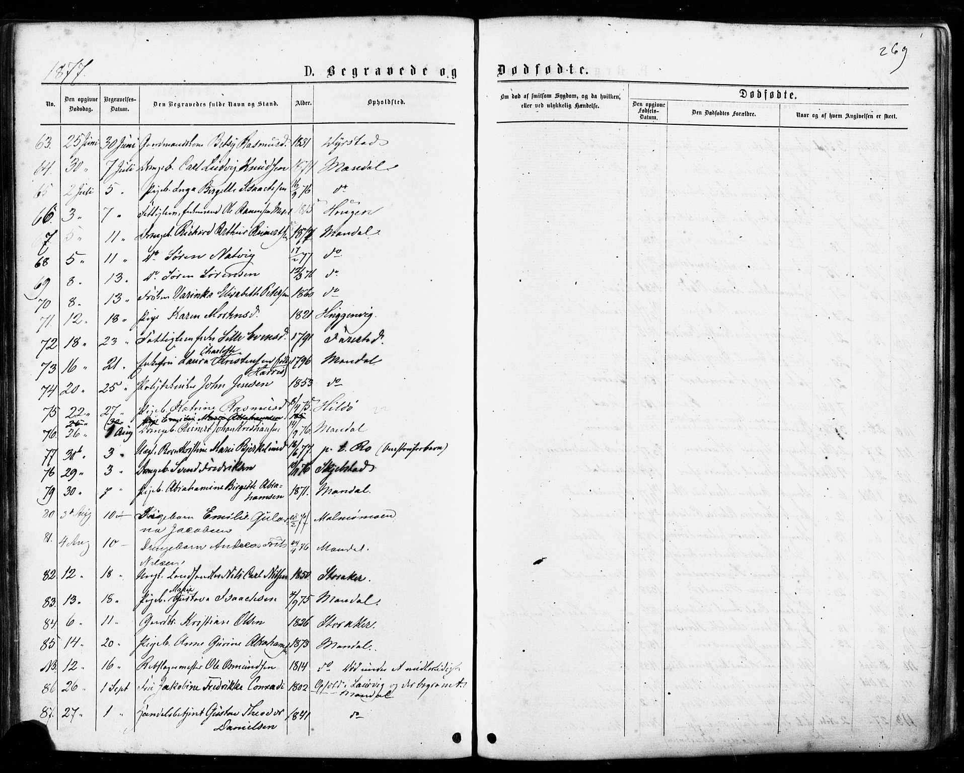 Mandal sokneprestkontor, AV/SAK-1111-0030/F/Fa/Faa/L0015: Parish register (official) no. A 15, 1873-1879, p. 269