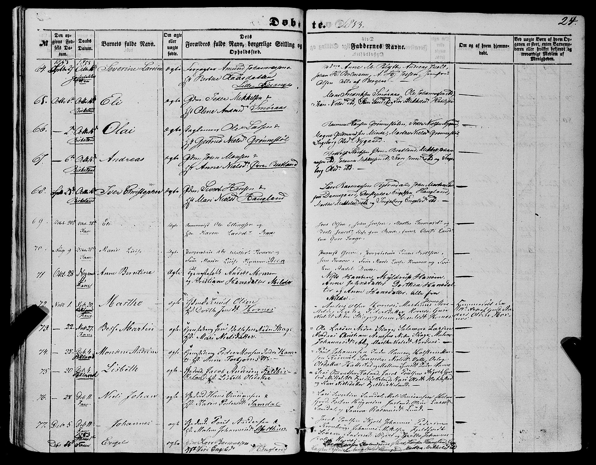 Fana Sokneprestembete, SAB/A-75101/H/Haa/Haaa/L0011: Parish register (official) no. A 11, 1851-1862, p. 24