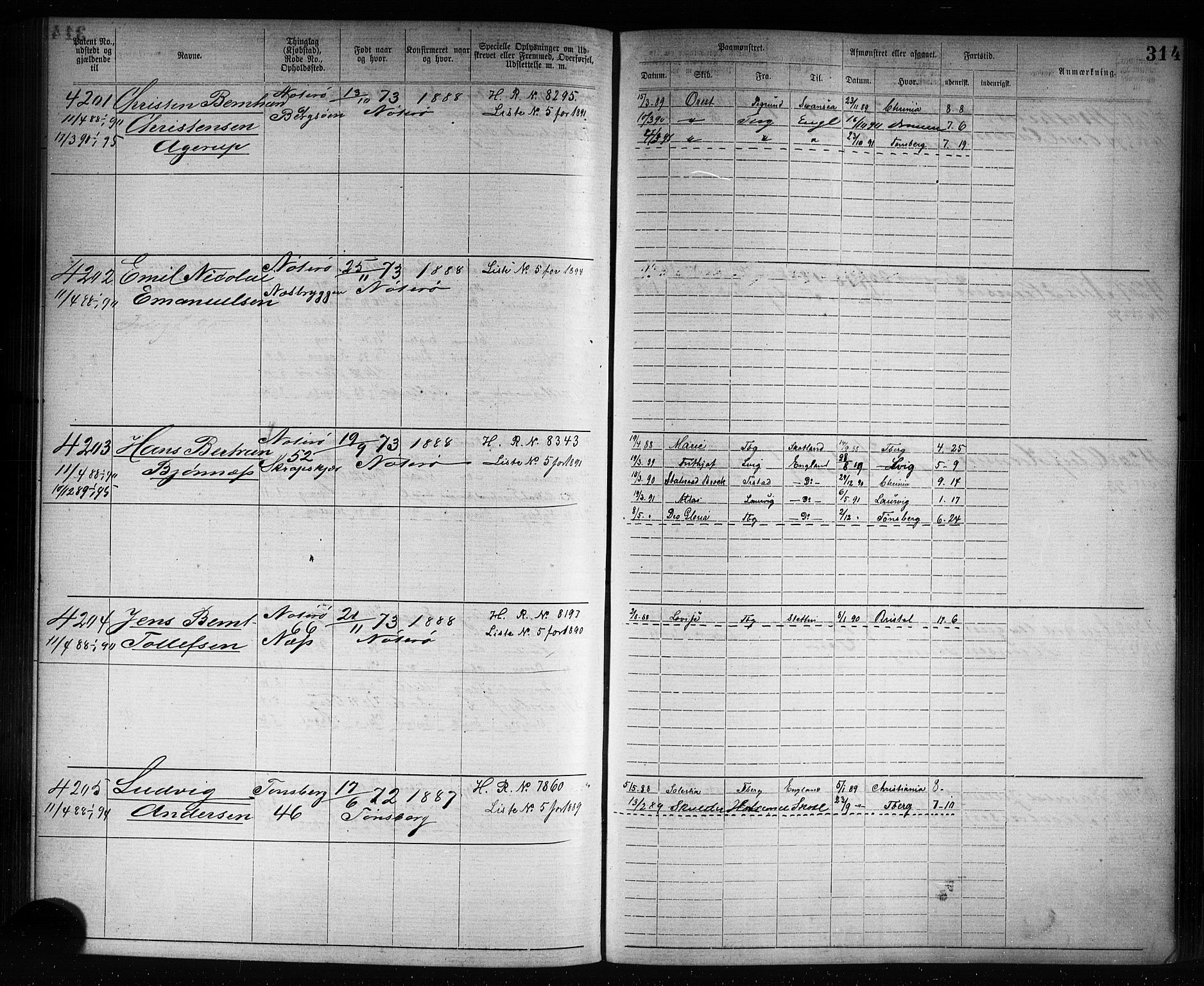 Tønsberg innrulleringskontor, AV/SAKO-A-786/F/Fb/L0007: Annotasjonsrulle Patent nr. 2636-5150, 1881-1892, p. 315