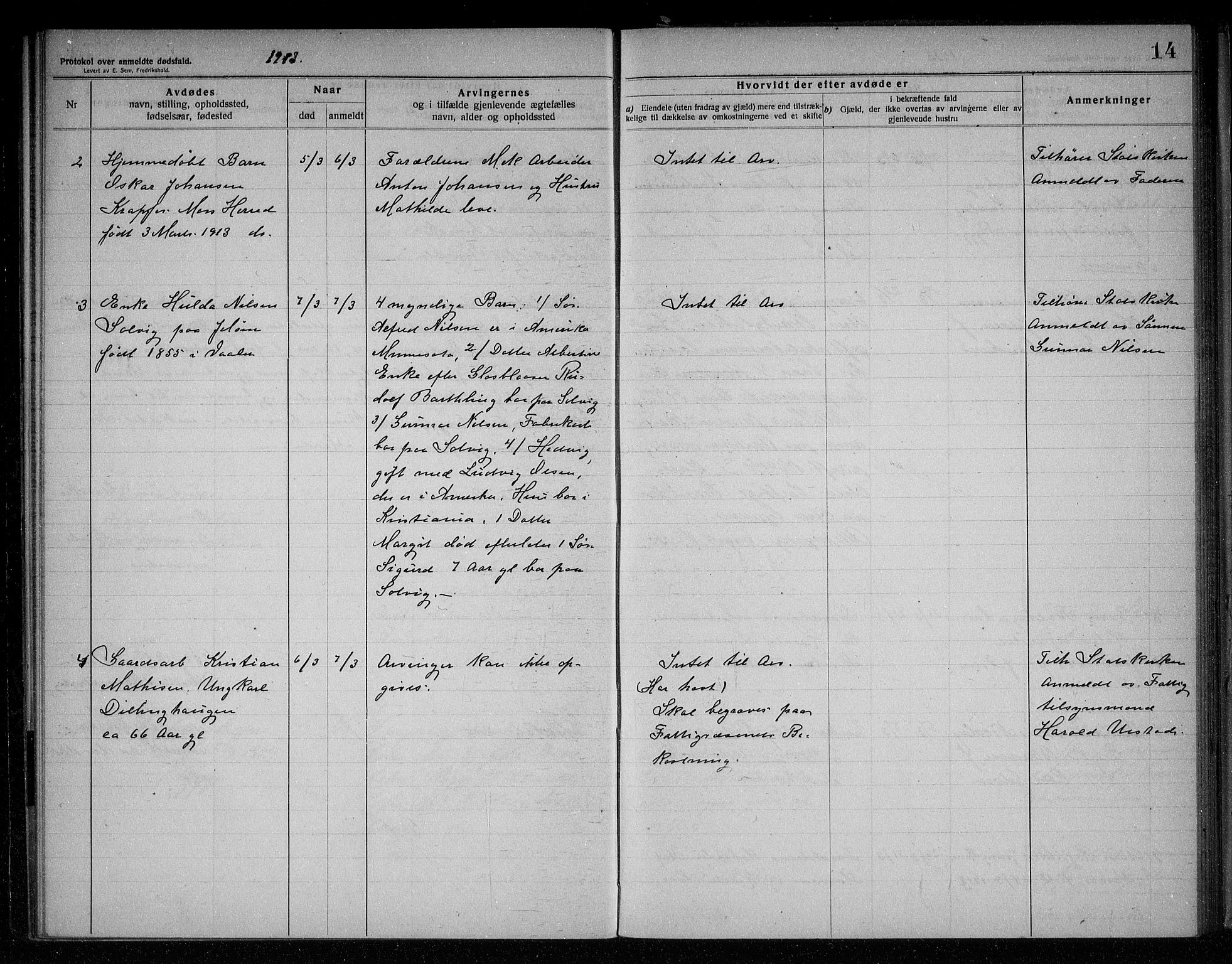 Rygge lensmannskontor, AV/SAO-A-10005/H/Ha/Haa/L0005: Dødsfallsprotokoll, 1912-1916, p. 14