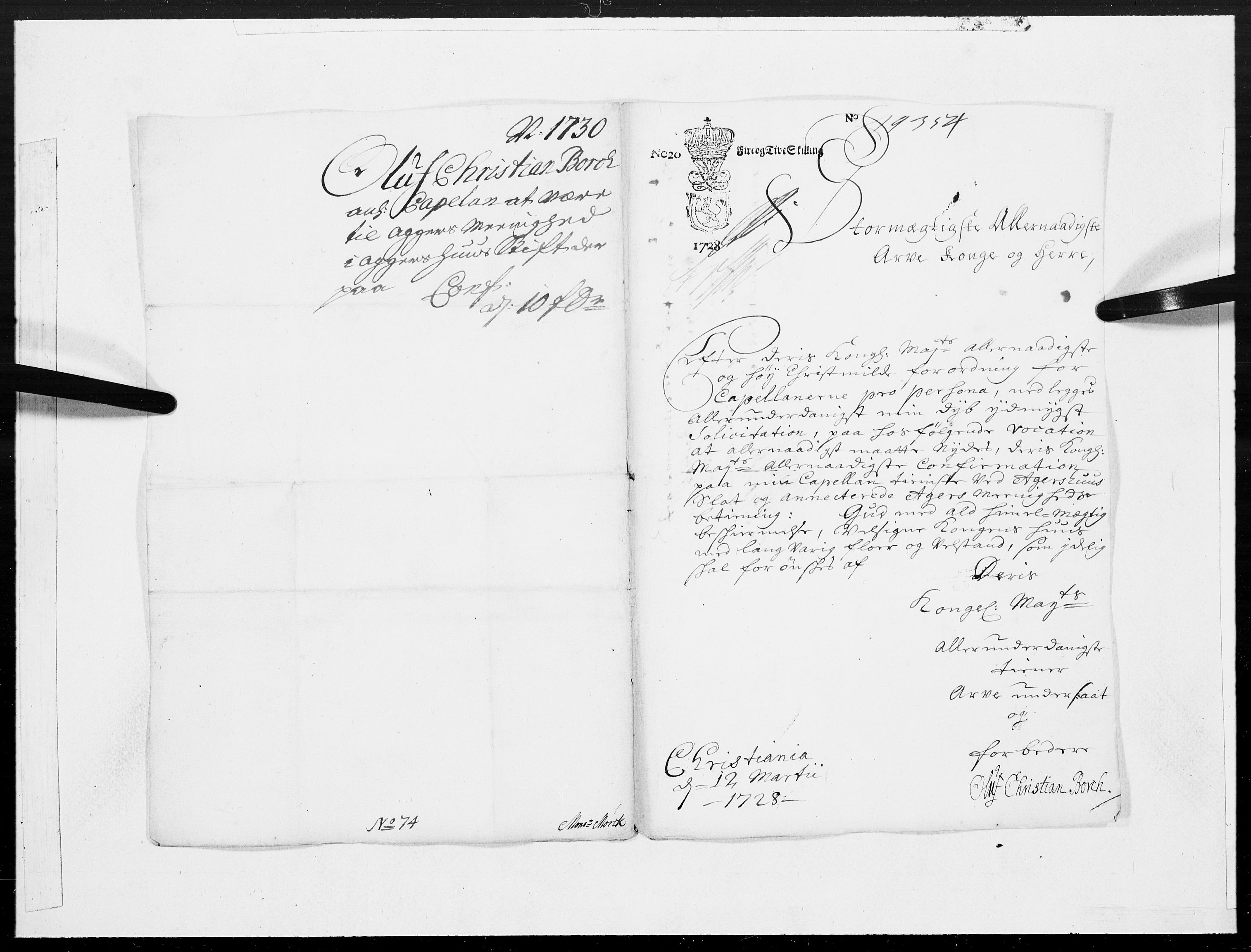 Danske Kanselli 1572-1799, RA/EA-3023/F/Fc/Fcc/Fcca/L0106: Norske innlegg 1572-1799, 1730, p. 46